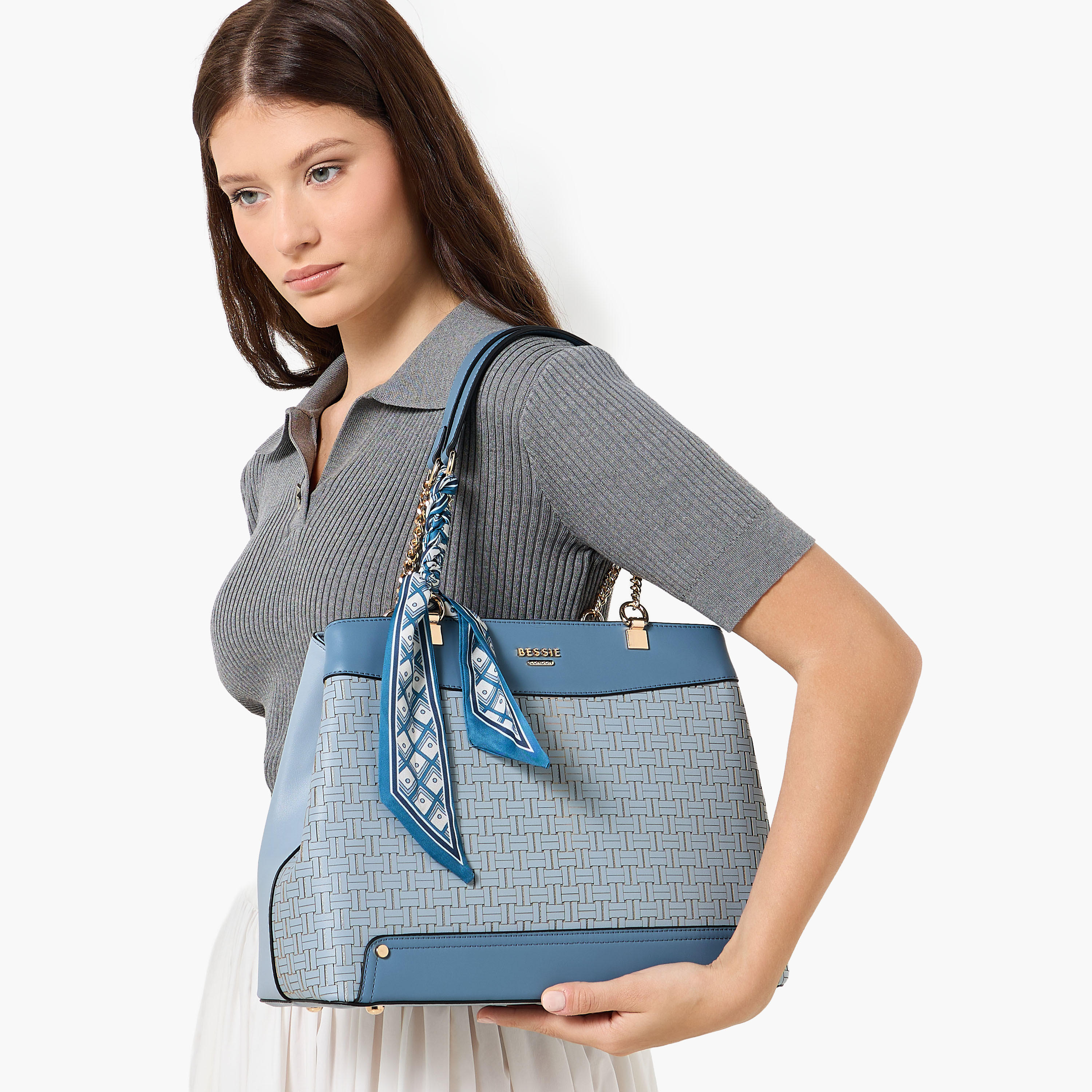Bessie London Scarf Detail Tote Bag with Detachable Strap-women-bagsandwallets-handbags-image-2