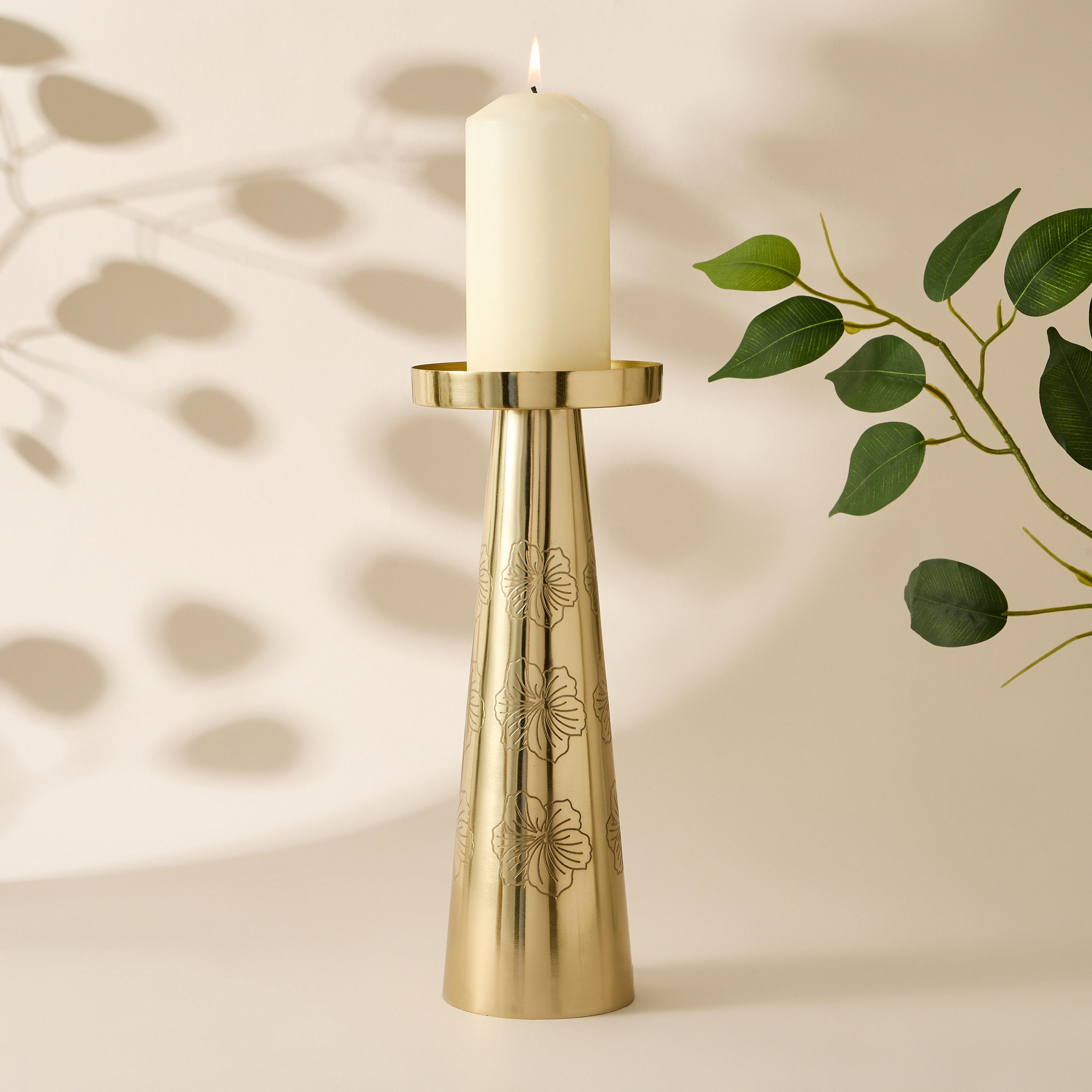 Hibiscus Engraved Metal Pillar Candleholder - 26 cms-household-decor-candleholdersandlanterns-image-1