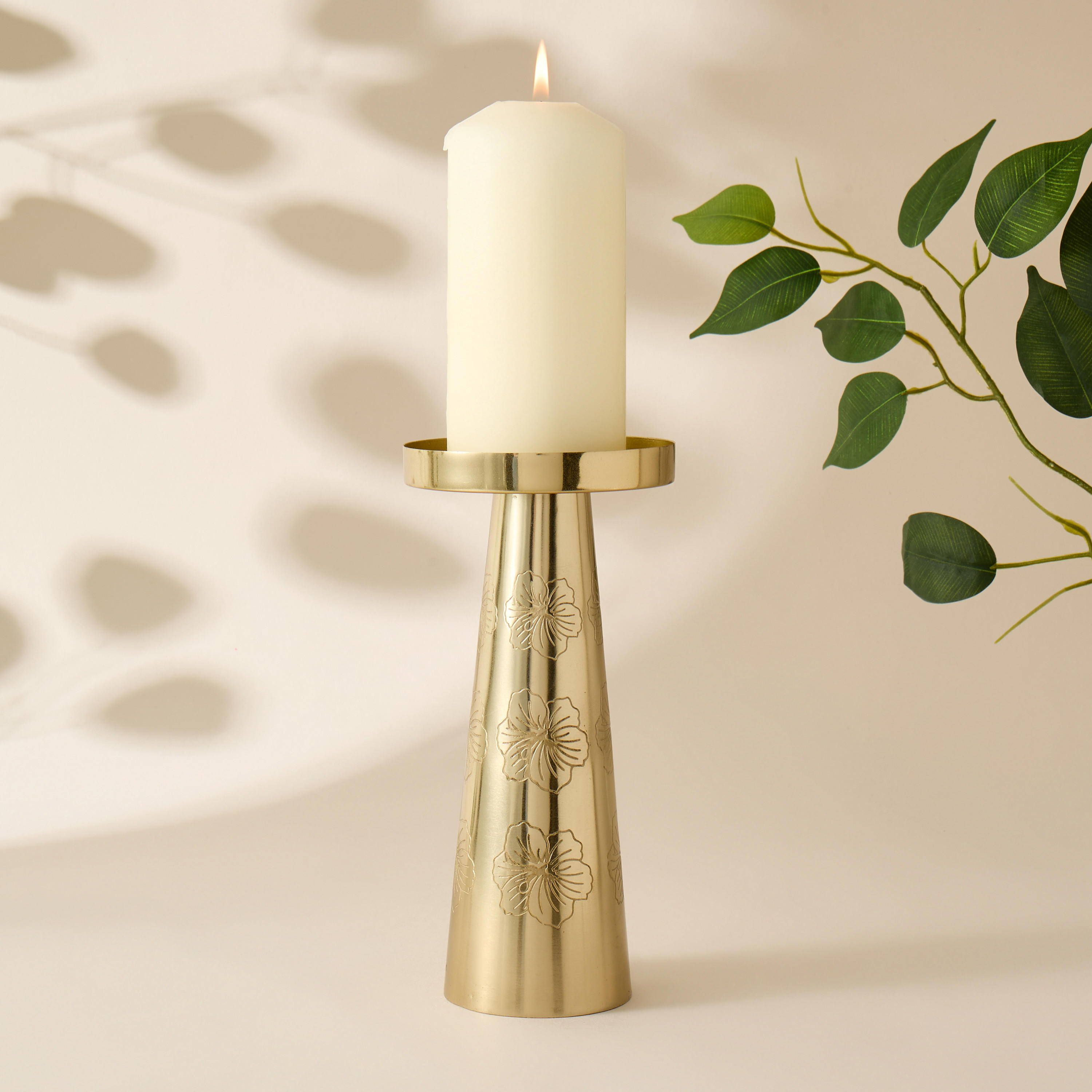 Hibiscus Engraved Metal Pillar Candleholder - 21 cms-household-decor-candleholdersandlanterns-image-1
