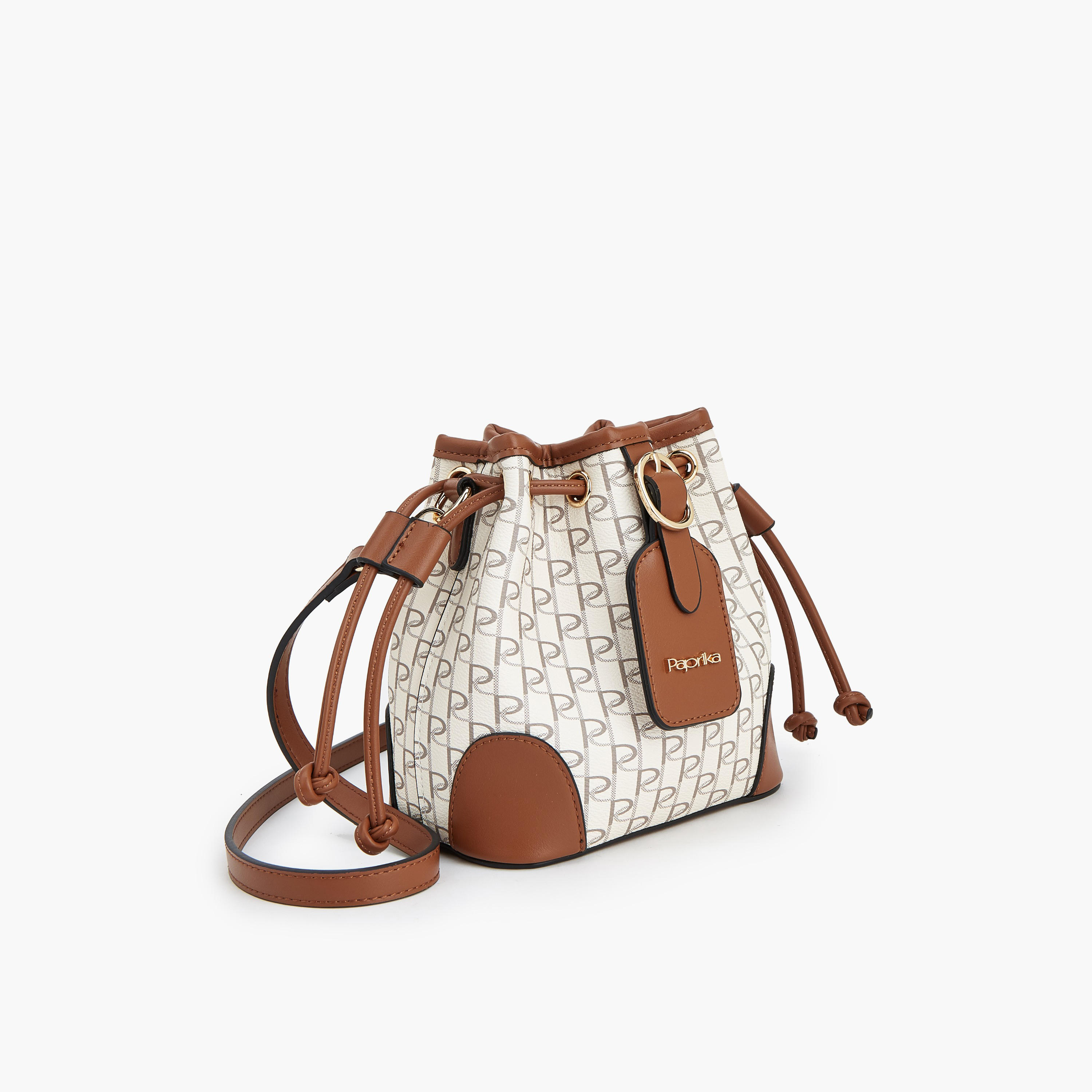 Paprika Monogram Print Bucket Bag with Drawstring Closure-women-bagsandwallets-handbags-image-4