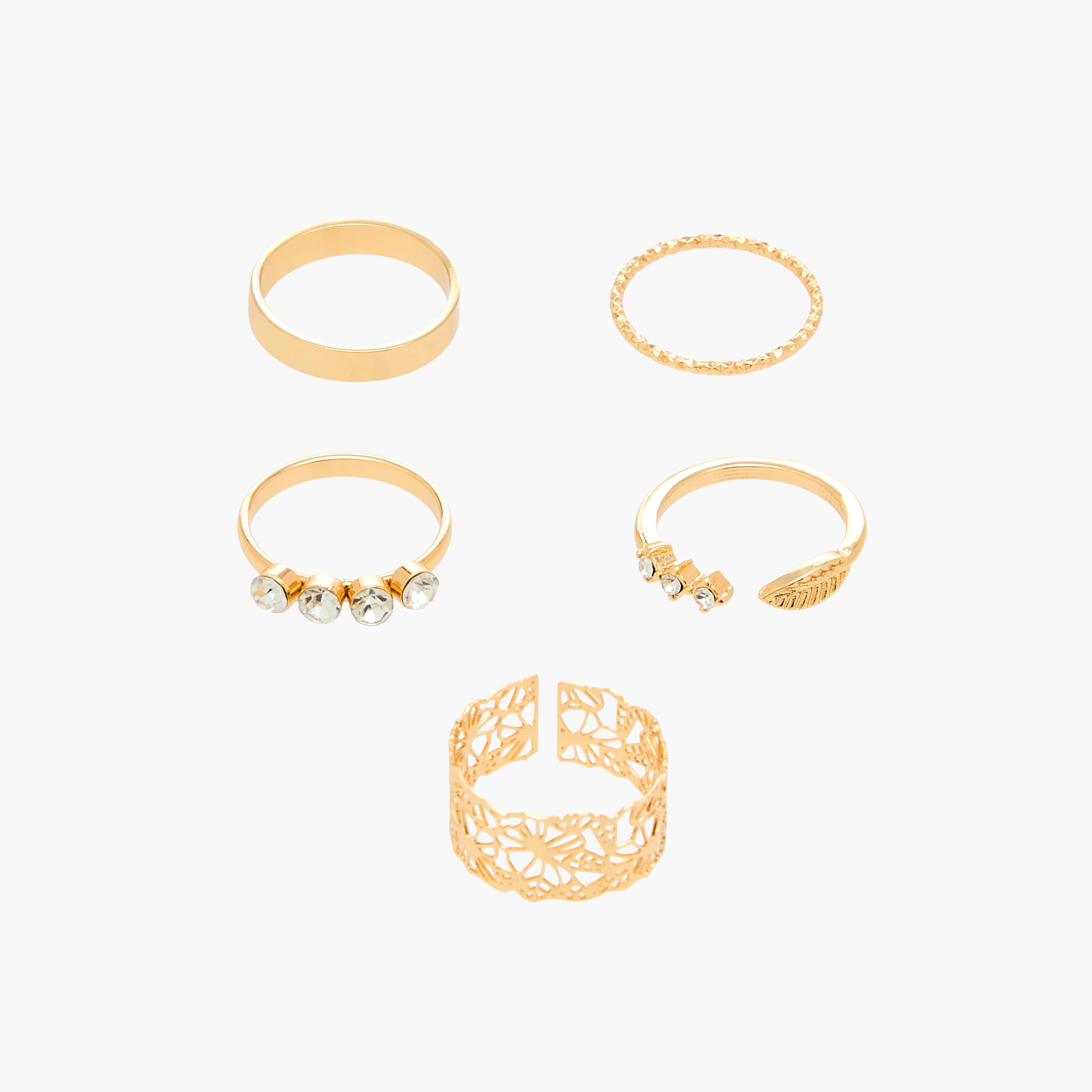 Set of 5 - Stackable Gold Tone Ring with Assorted Design-women-watchesandjewellery-jewellery-rings-image-1