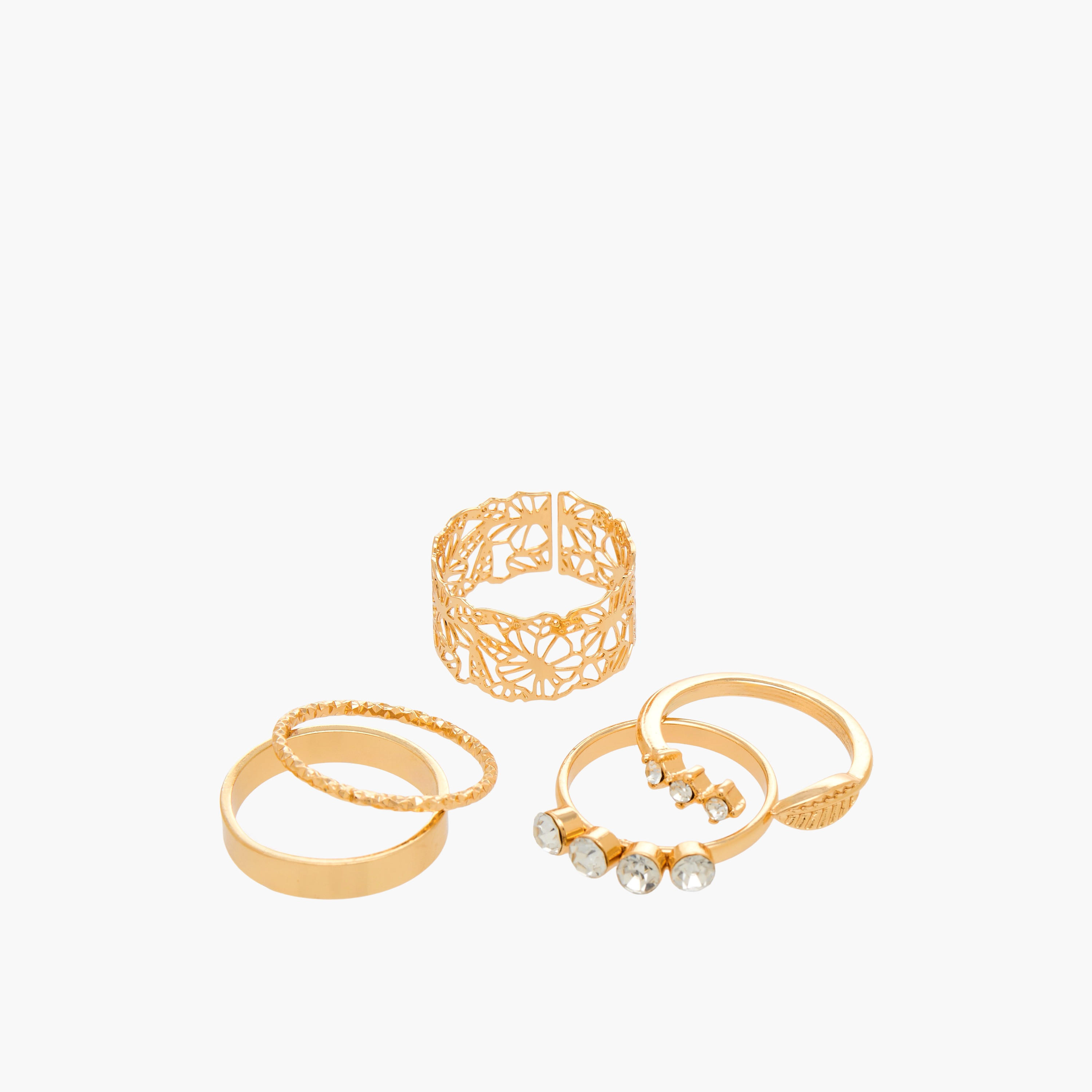 Set of 5 - Stackable Gold Tone Ring with Assorted Design-women-watchesandjewellery-jewellery-rings-image-2
