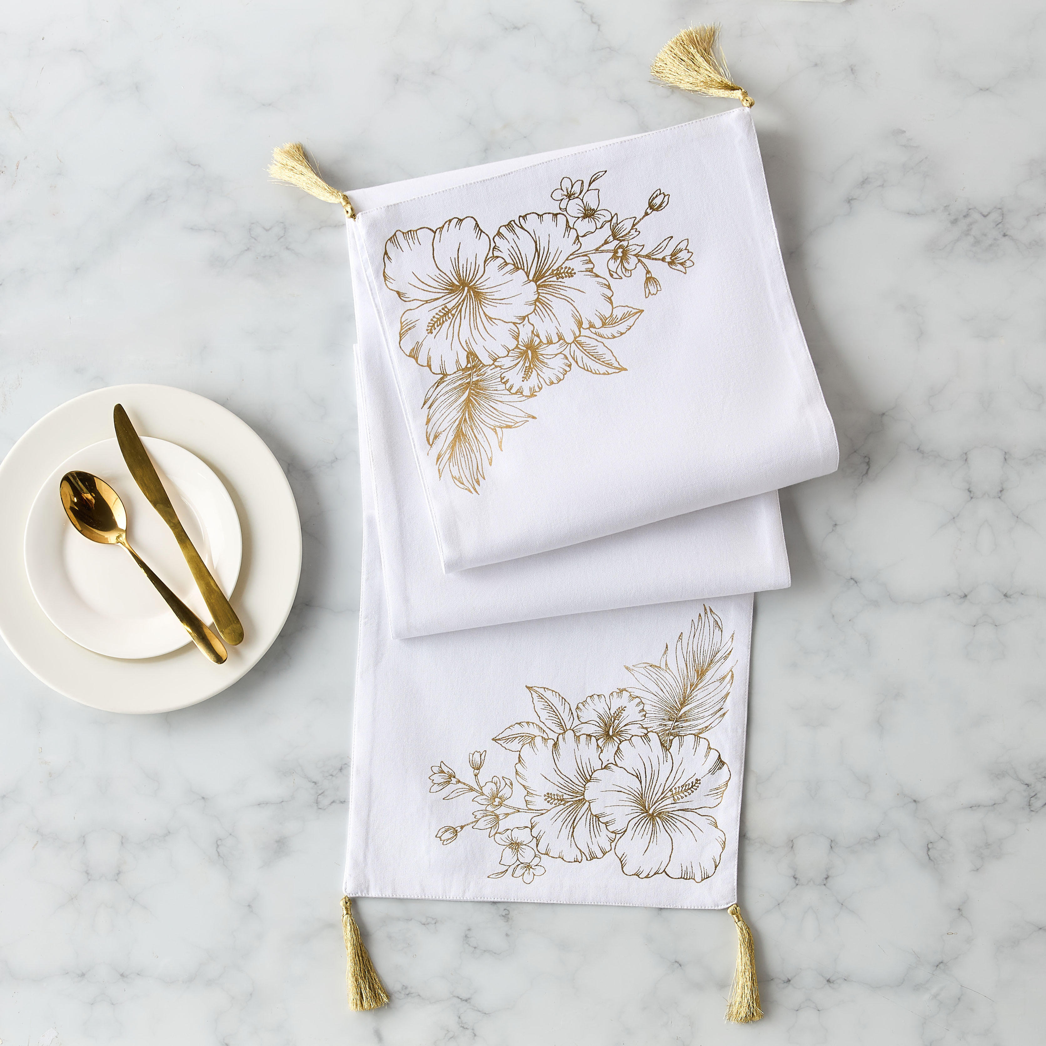 Summer Hot Flower Foil Print Table Runner with Tassel Detail - 33x180 cms-household-dining-tablelinen-runnersandtablecovers-image-1