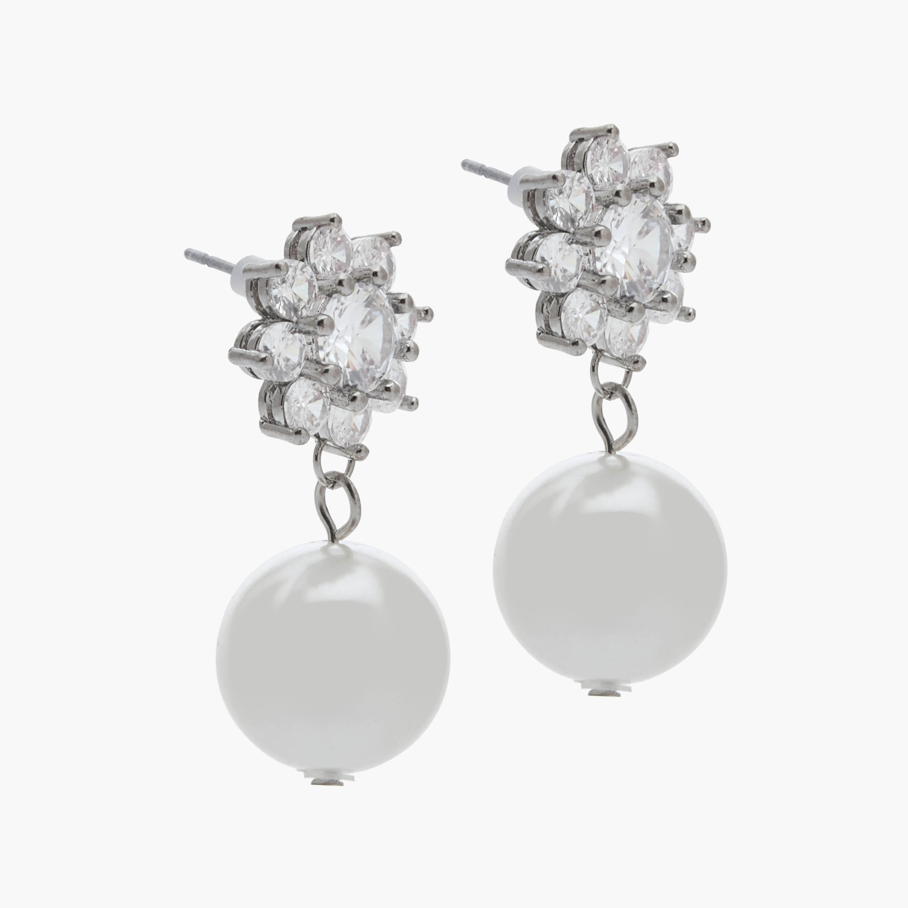 Silver Tone Embellished Pearl Drop Earrings with Pushback Closure-women-watchesandjewellery-jewellery-earrings-image-2