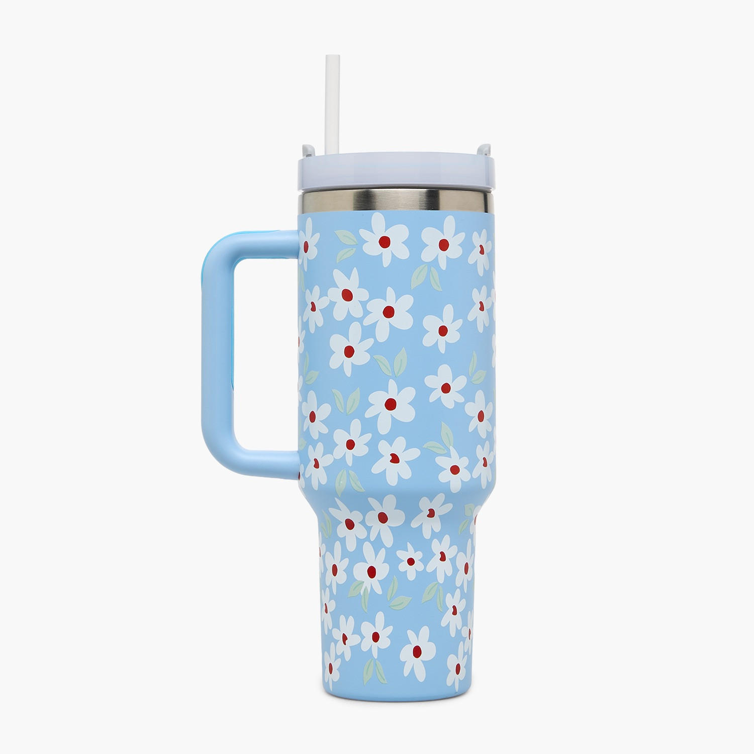 Daisy Print Double Wall Stainless Steel Tumbler with Straw-household-dining-drinkserveware-bottles-image-1