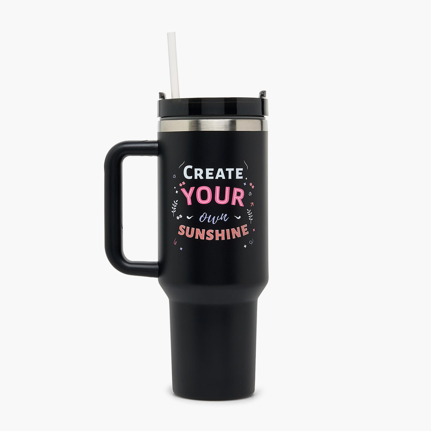 Slogan Print Double Wall Stainless Steel Tumbler with Straw-household-dining-drinkserveware-bottles-image-1