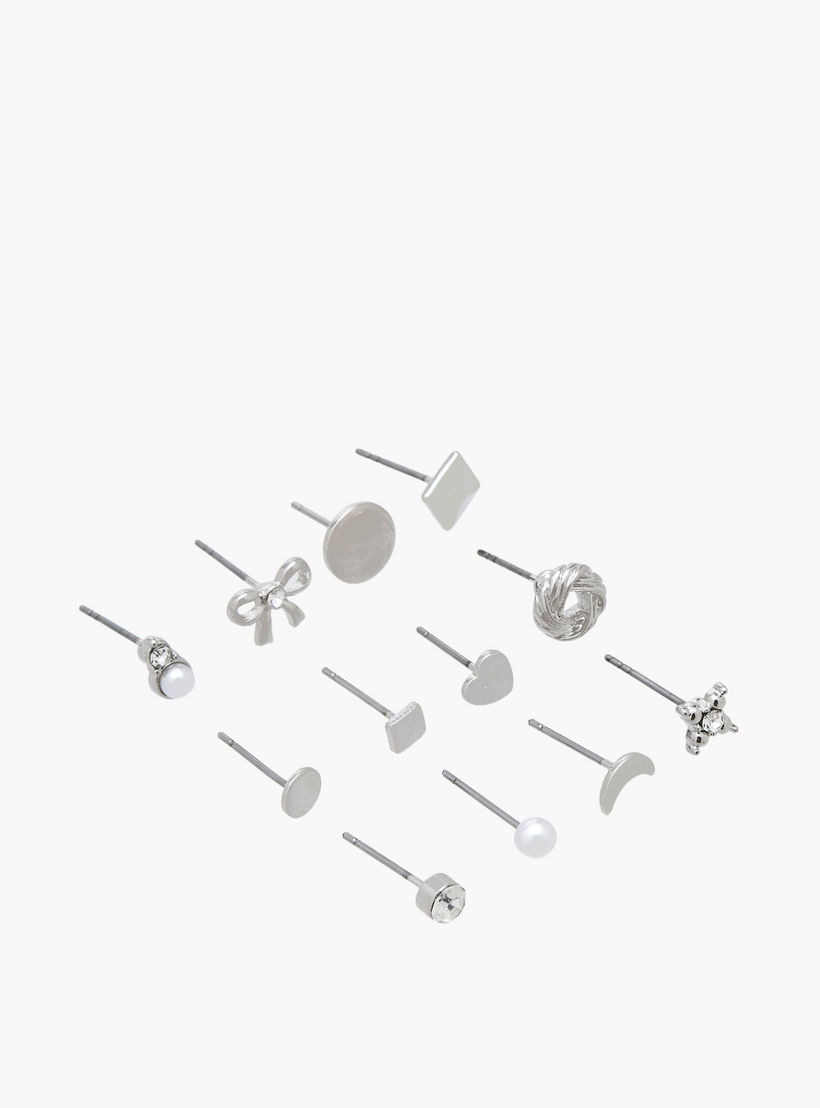 Pack of 12 Silver Tone Stud Earrings with Pushback Closure-women-watchesandjewellery-jewellery-earrings-image-2