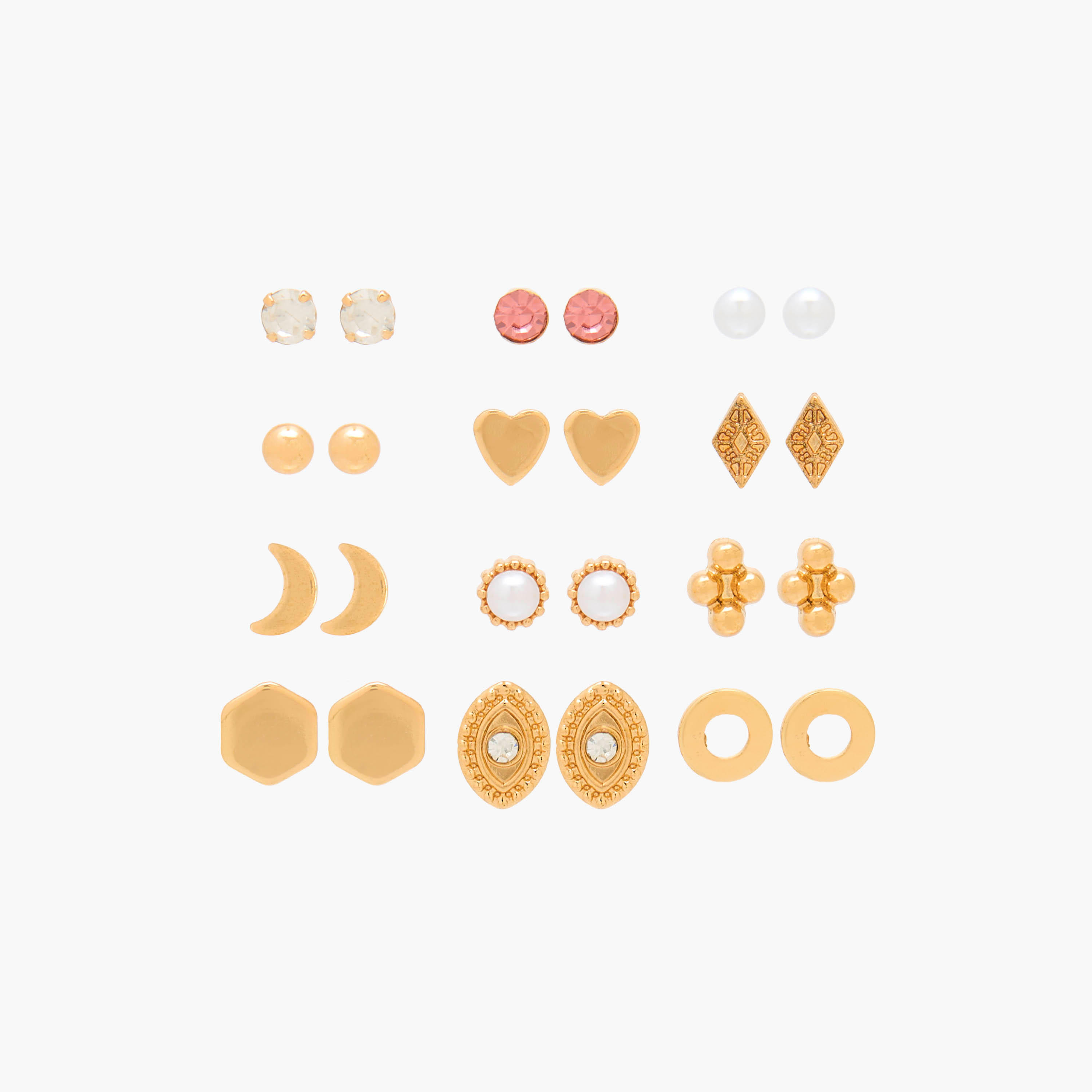 Set of 12 - Gold Tone Assorted Stud Earrings with Pushback Closure-women-watchesandjewellery-jewellery-earrings-image-1