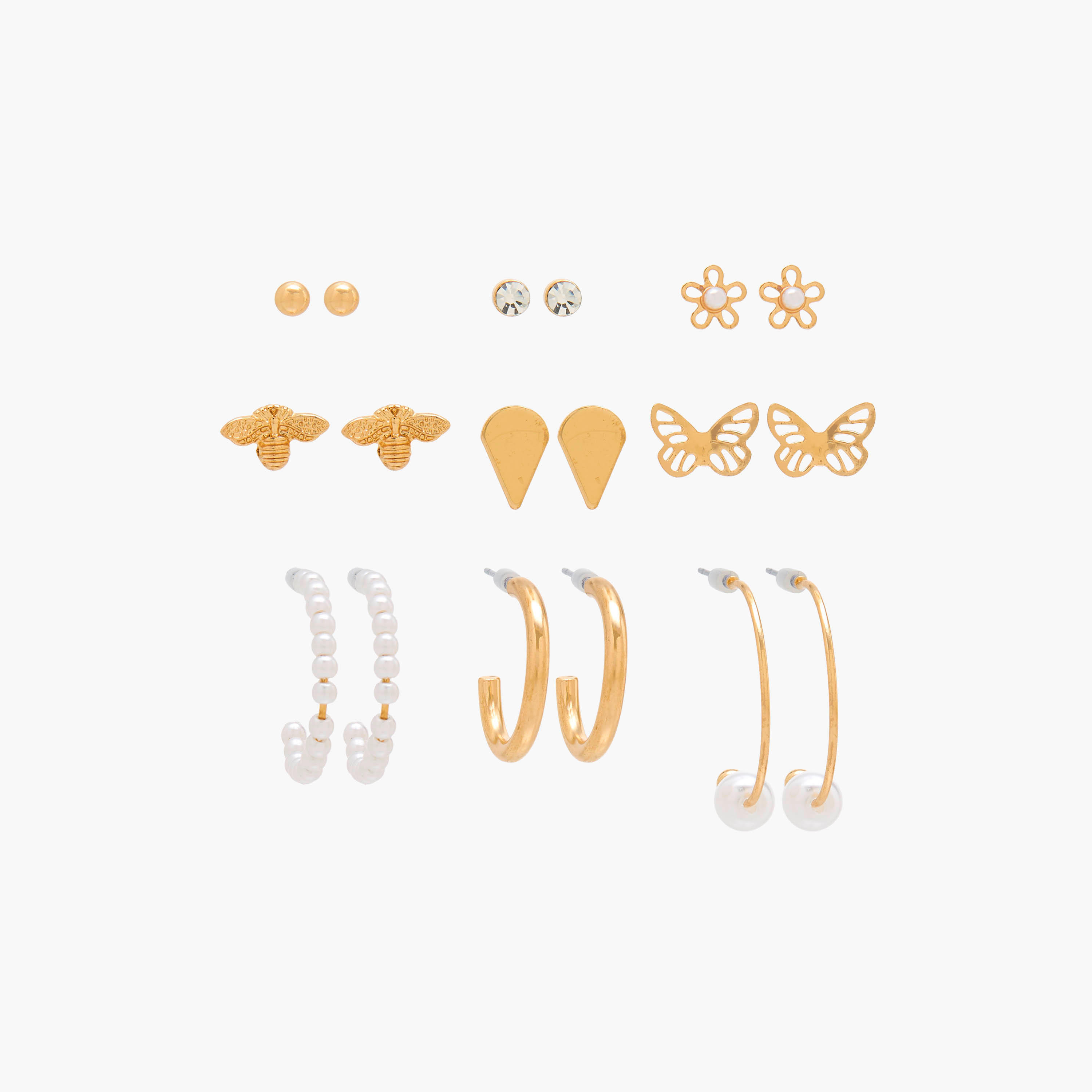 Set of 9 - Gold Tone Assorted Earrings with Pushback Closure-women-watchesandjewellery-jewellery-earrings-image-1