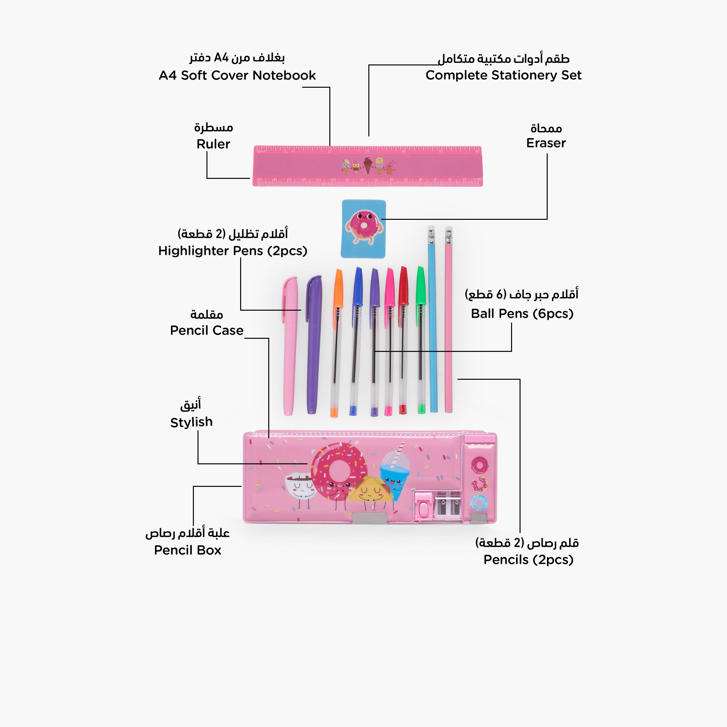 Findz Doughnut Print Stationery Set with Pencil Case, Pens and Ruler - 14-Piece-school-stationery-sets-image-2