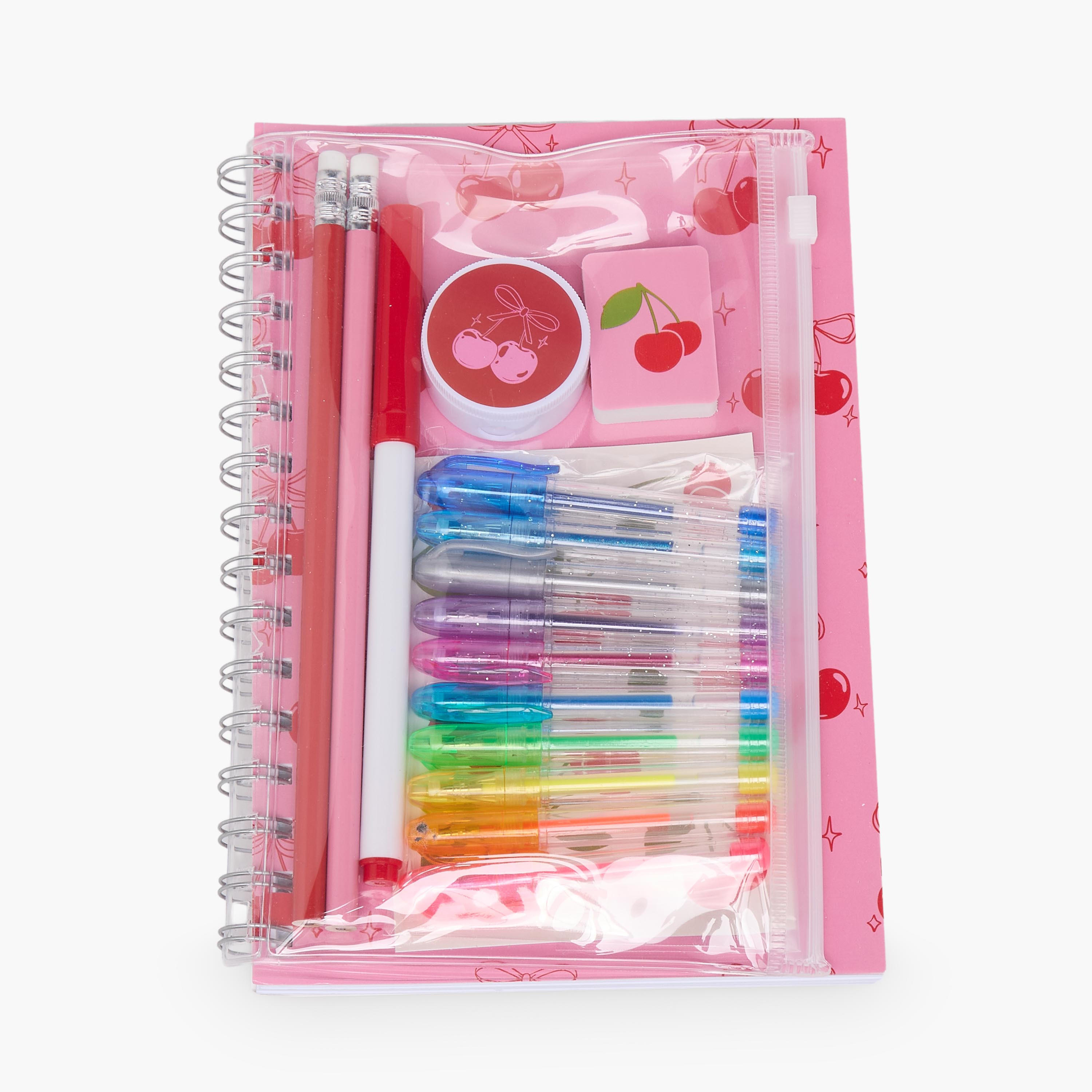 Findz Cherry Print Stationery Set with Notebook, Pens, Sticker Sheet and Eraser - 14-Piece-school-stationery-sets-image-1