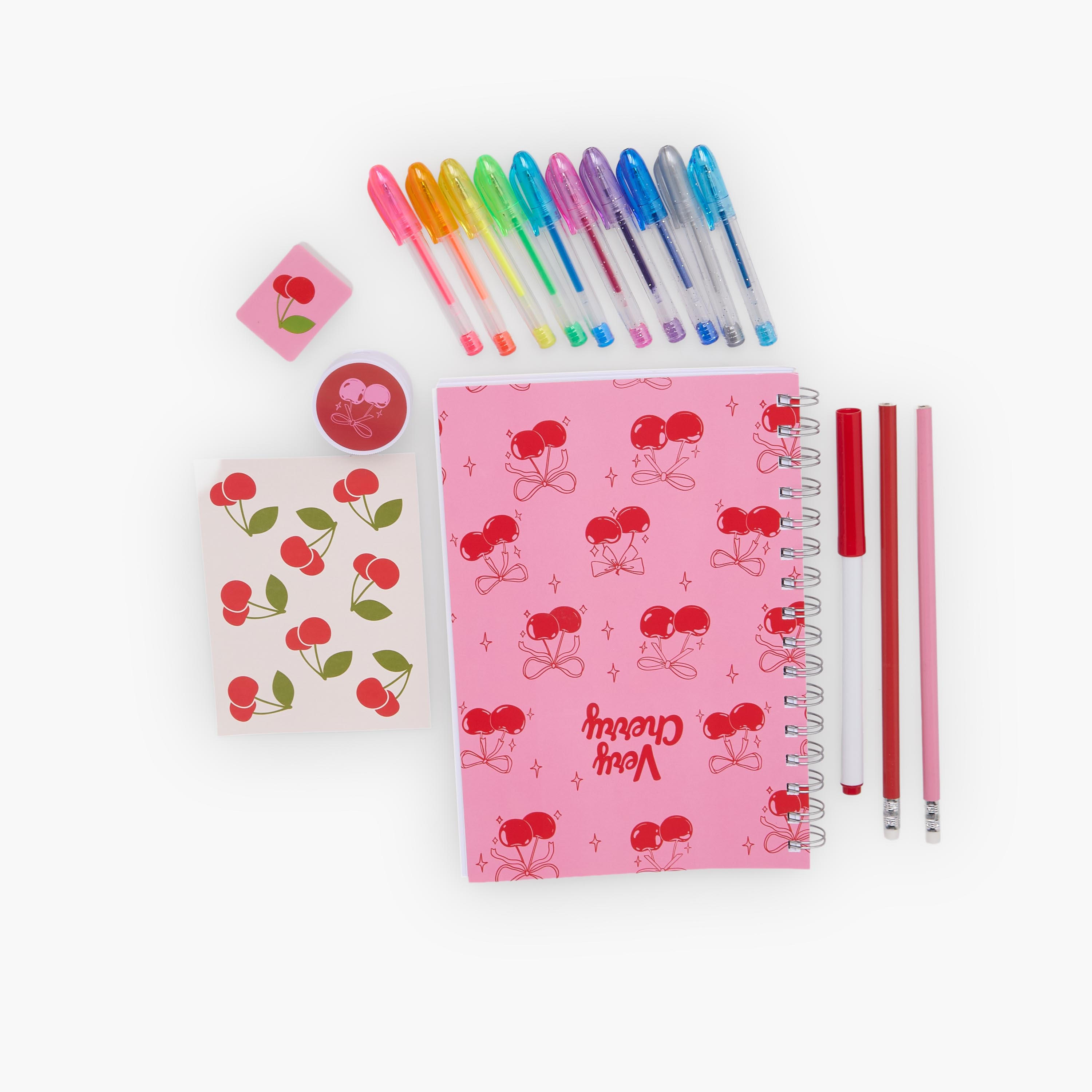 Findz Cherry Print Stationery Set with Notebook, Pens, Sticker Sheet and Eraser - 14-Piece-school-stationery-sets-image-3