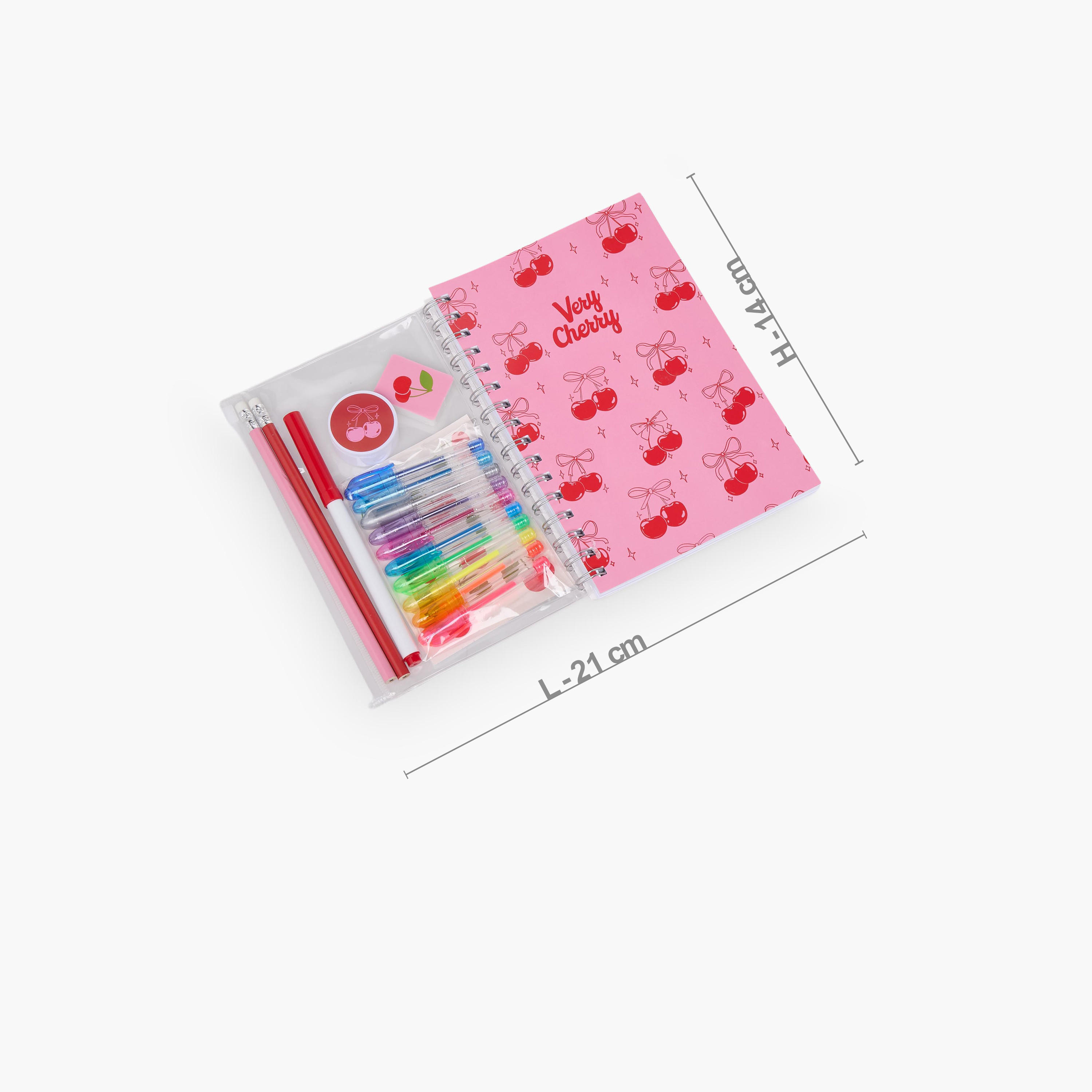 Findz Cherry Print Stationery Set with Notebook, Pens, Sticker Sheet and Eraser - 14-Piece-school-stationery-sets-image-4