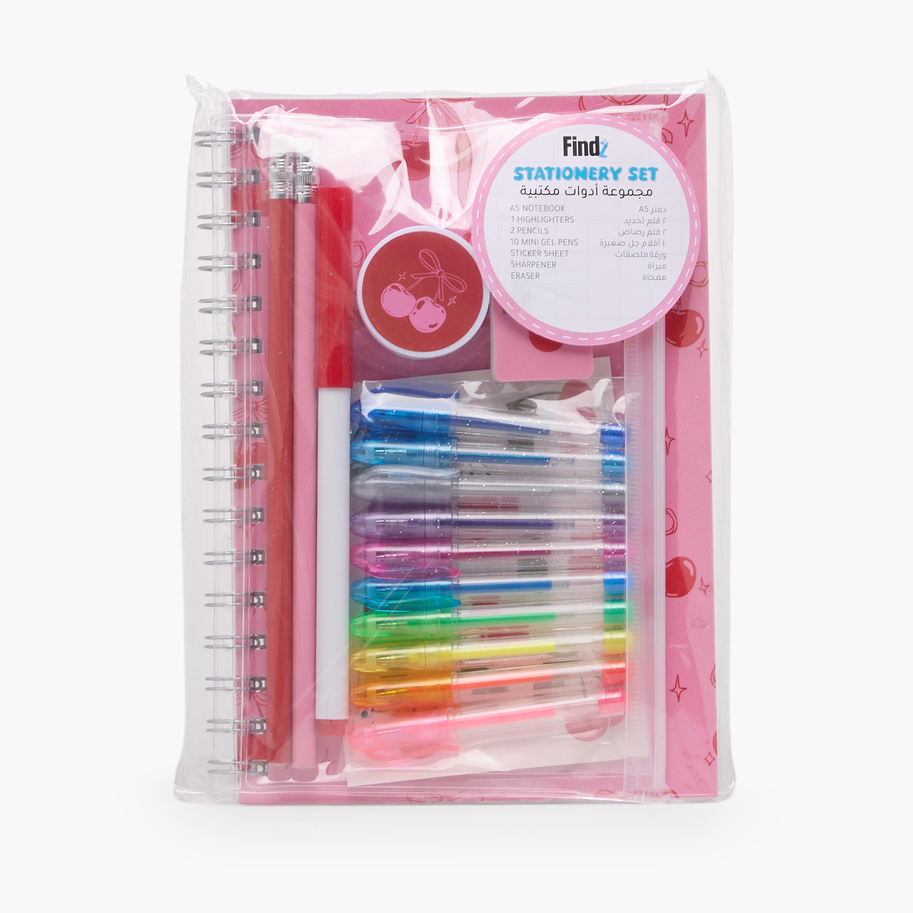 Findz Cherry Print Stationery Set with Notebook, Pens, Sticker Sheet and Eraser - 14-Piece-school-stationery-sets-image-9