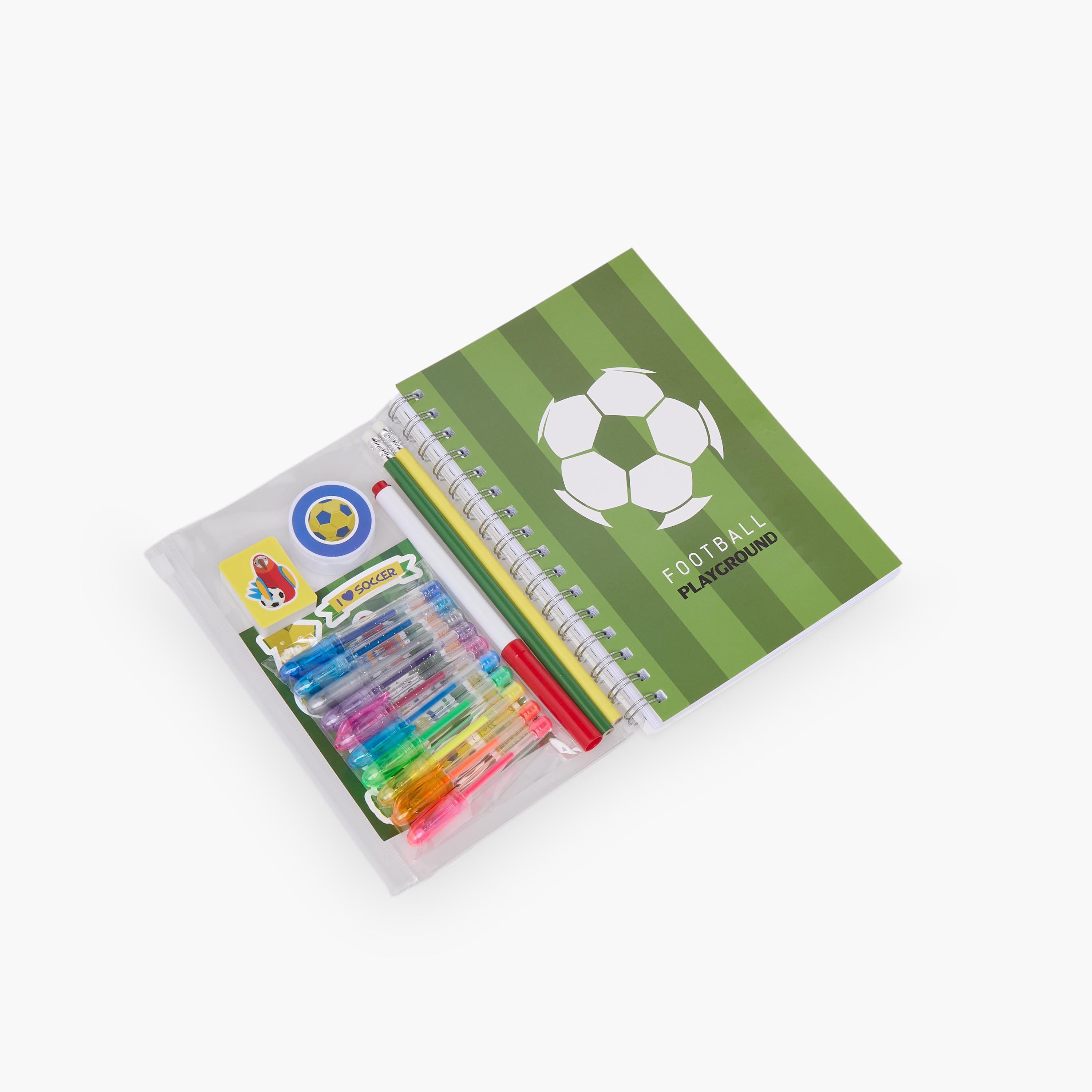 Findz Football Print Stationery Set with Notebook, Pens, Sticker Sheet and Eraser - 17-Piece-school-stationery-sets-image-1