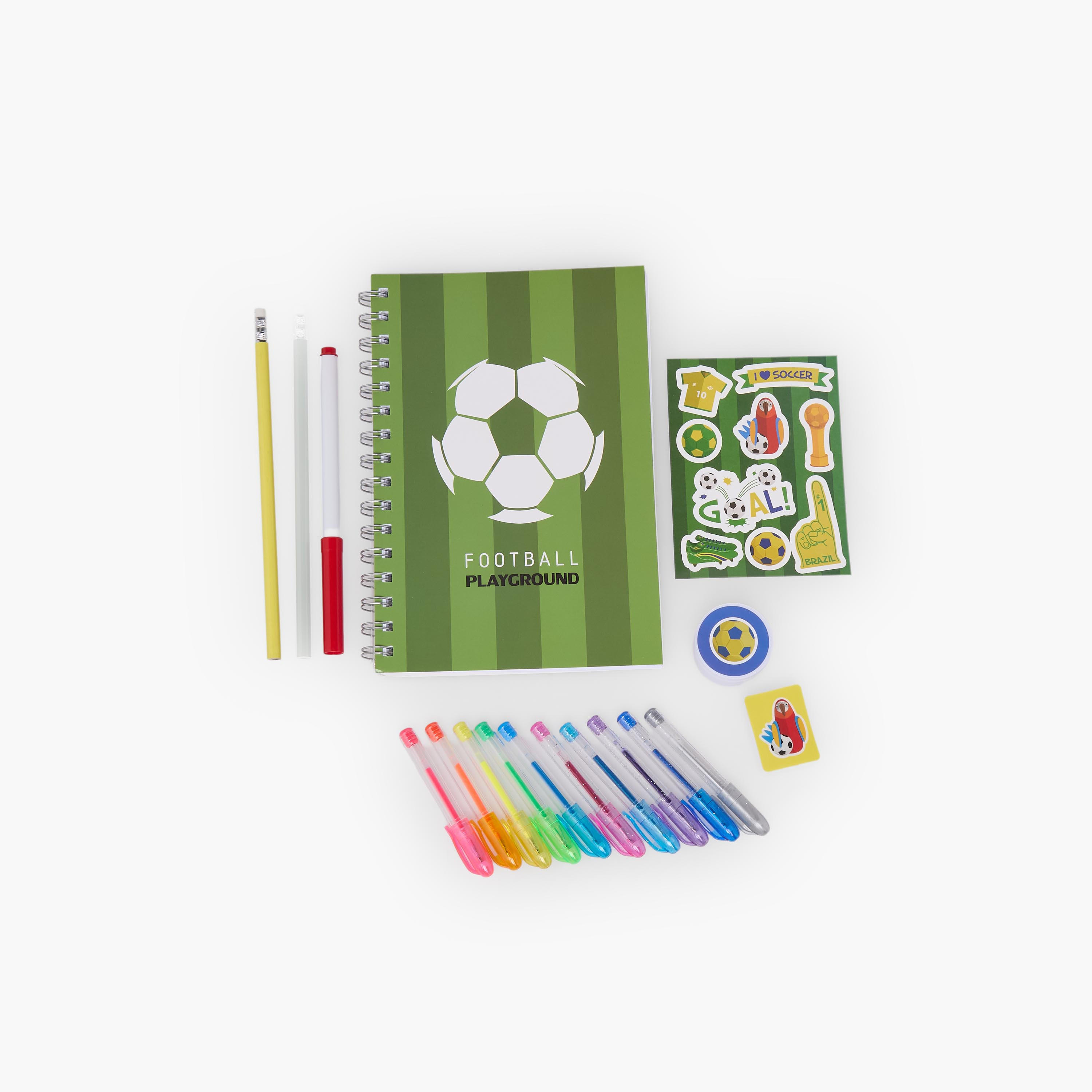 Findz Football Print Stationery Set with Notebook, Pens, Sticker Sheet and Eraser - 17-Piece-school-stationery-sets-image-3