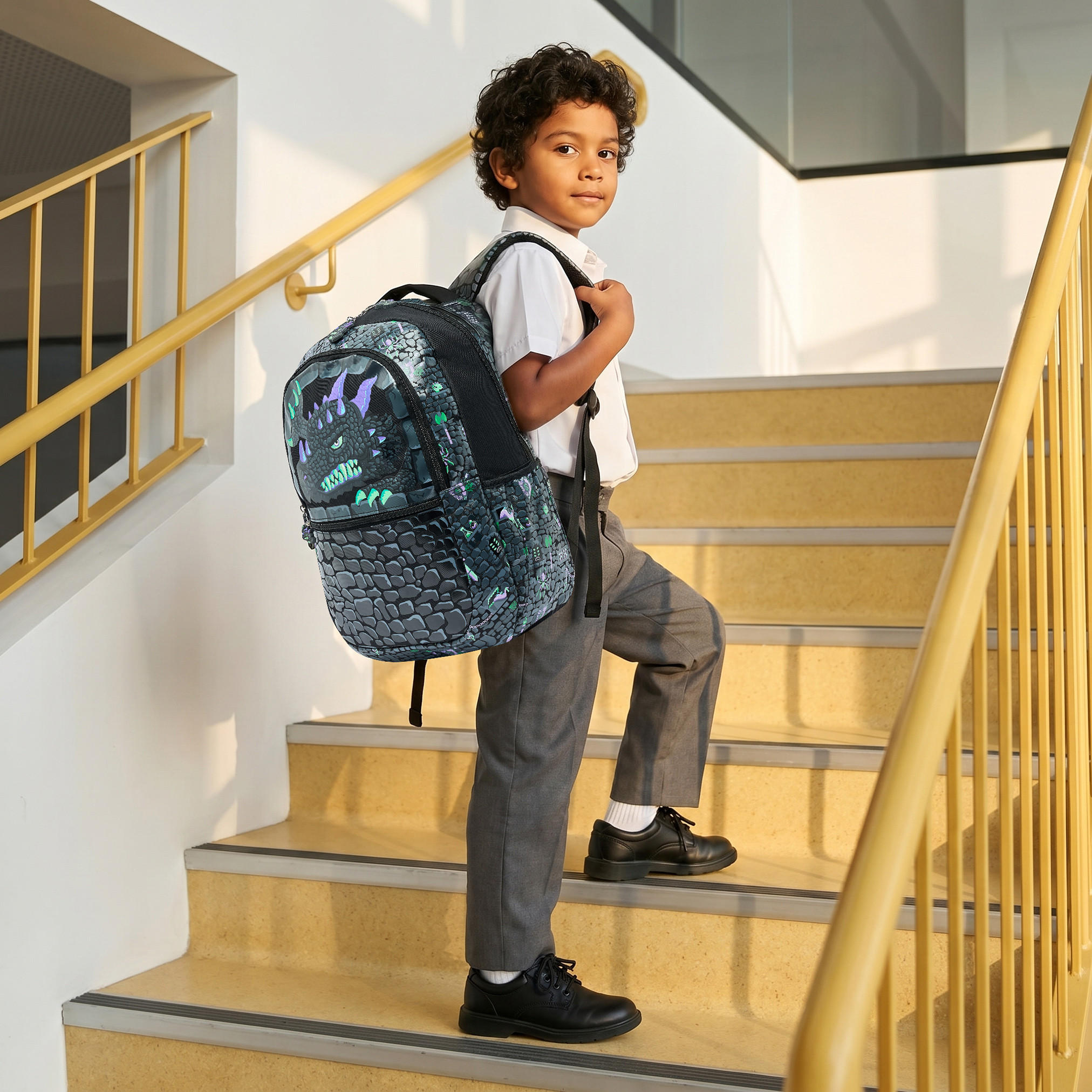 Dragon Print Backpack for Boys 8-13 Years with Padded Shoulder Straps - 17 inches-school-bagsandbackpacks-backpacks-image-3