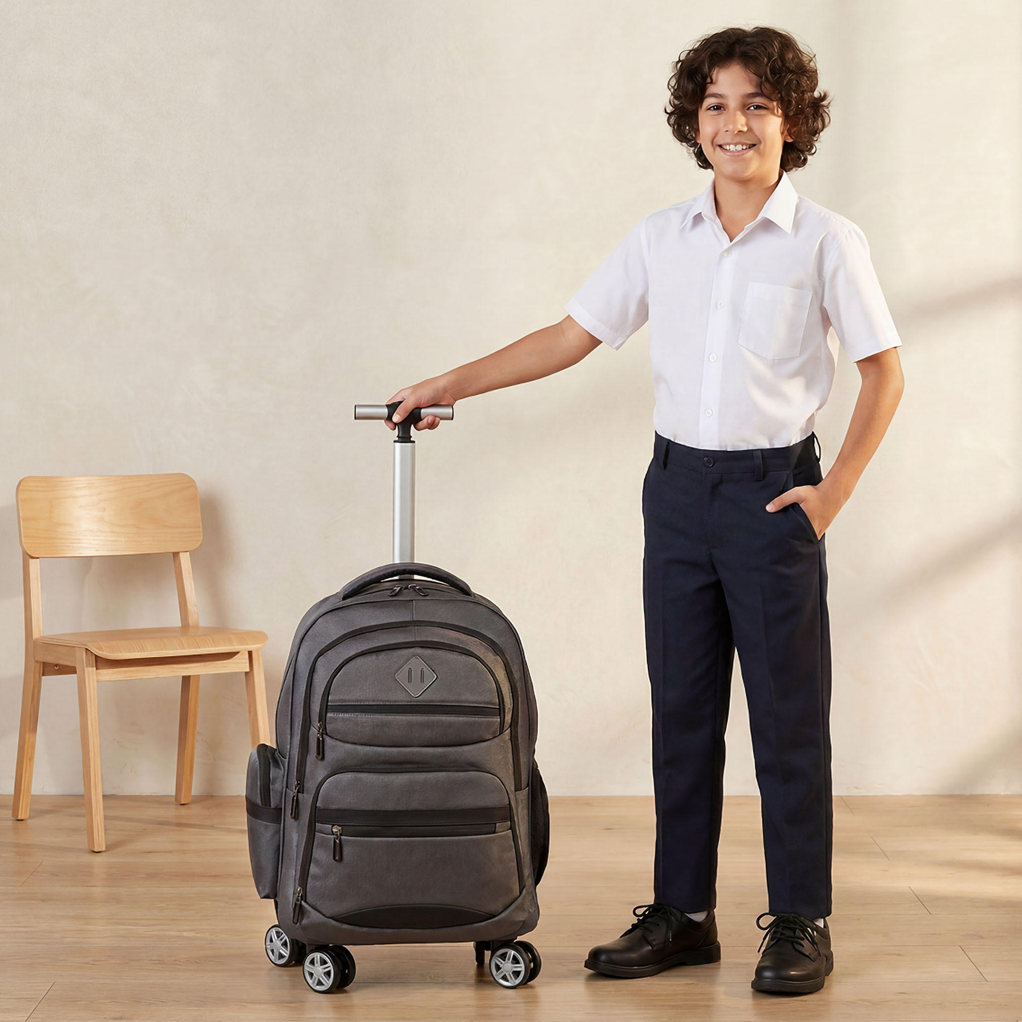 Solid Trolley Backpack for Boys 8-13 Years with Retractable Handle - 18 inches-school-bagsandbackpacks-trolleybags-image-3