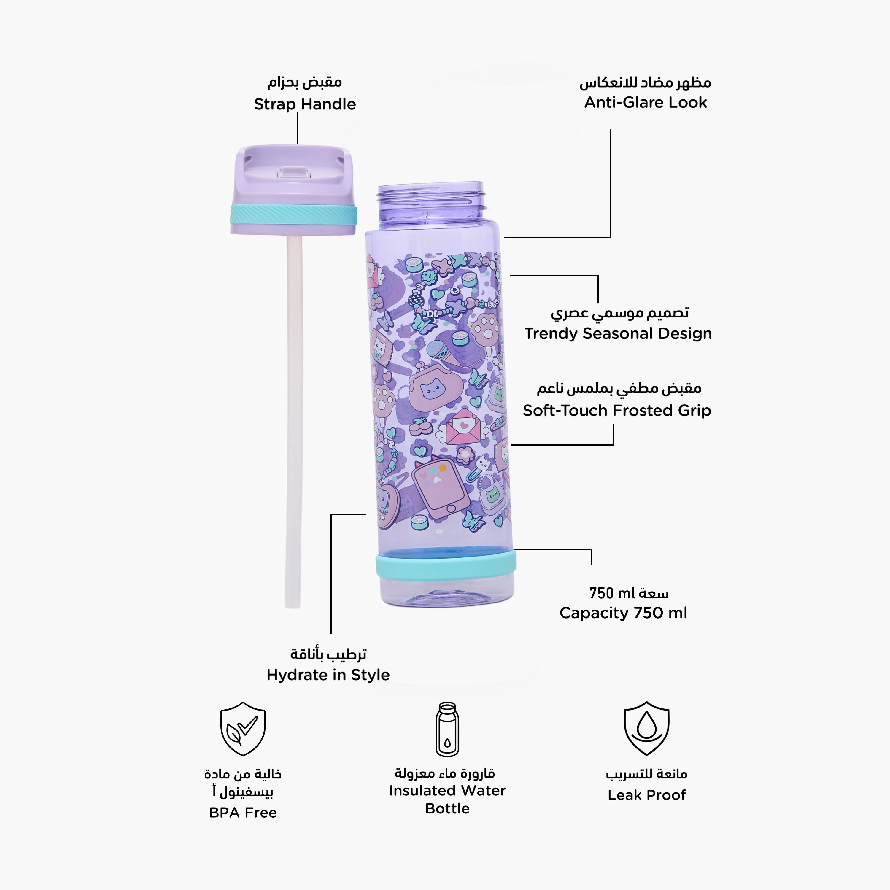 Cat Print Water Bottle with Flip Spout and Handle - 750 ml-school-waterbottles-image-2