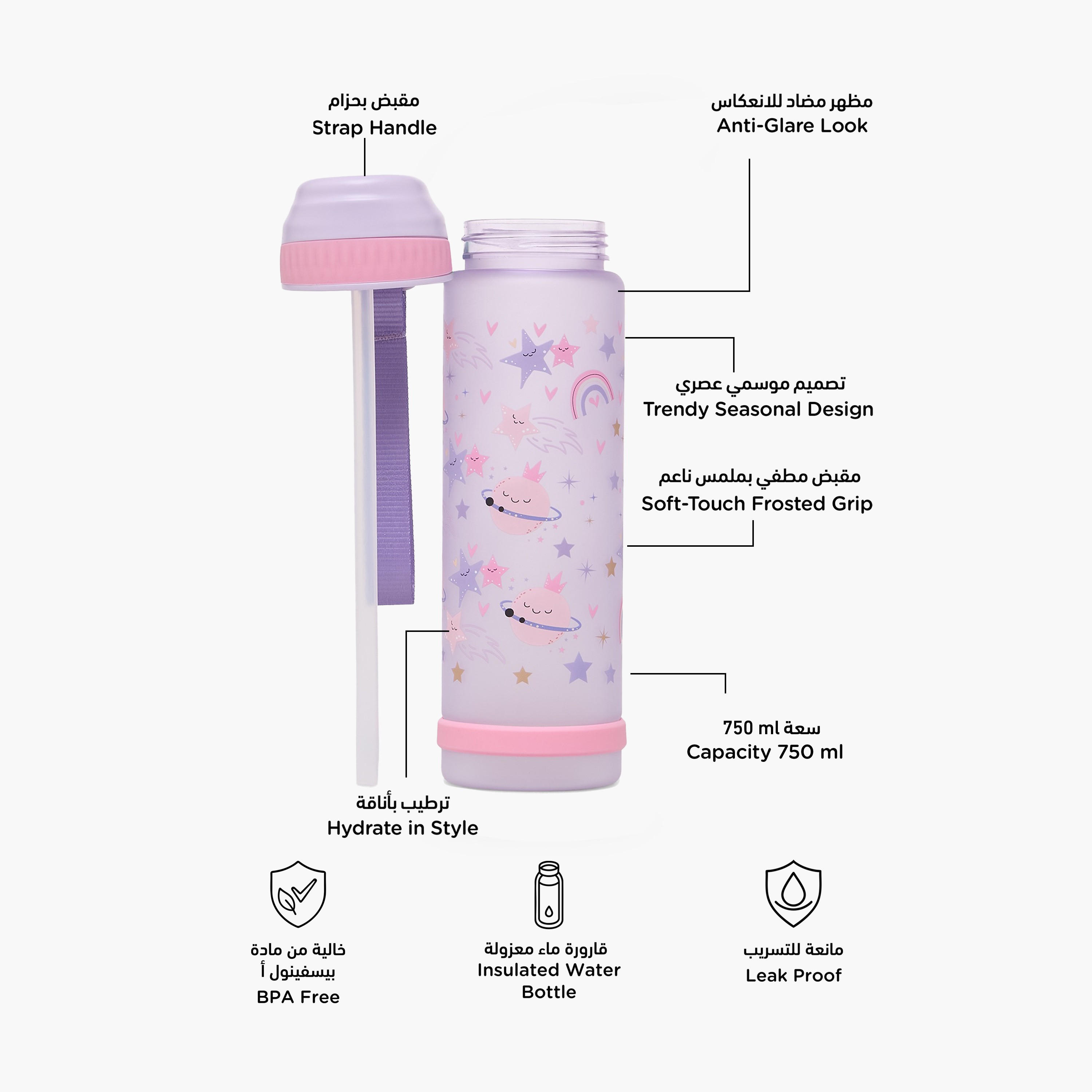 Space Print Water Bottle with Flip Spout and Strap Handle - 750 ml-school-waterbottles-image-2