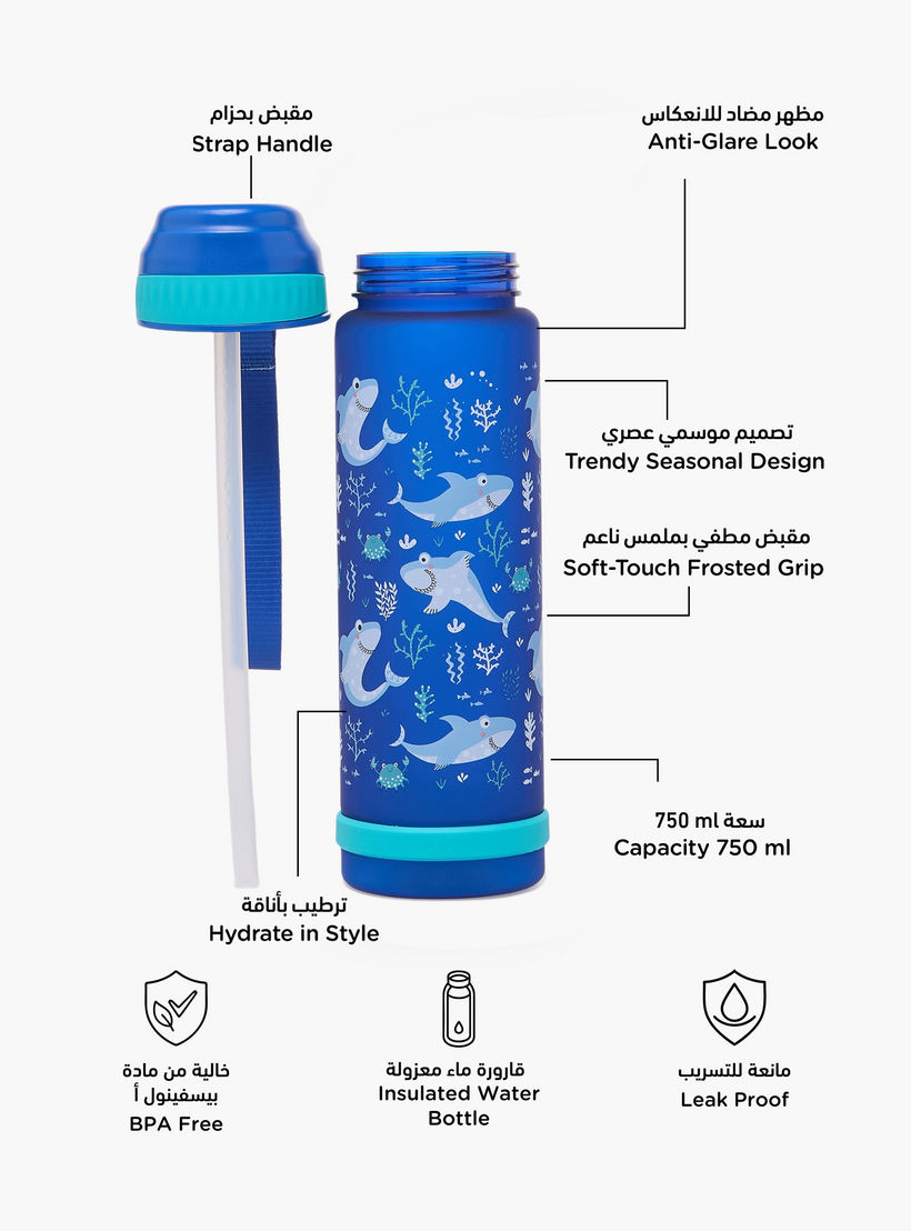 Shark Print Water Bottle with Flip Spout and Strap Handle - 750 ml-school-waterbottles-image-2