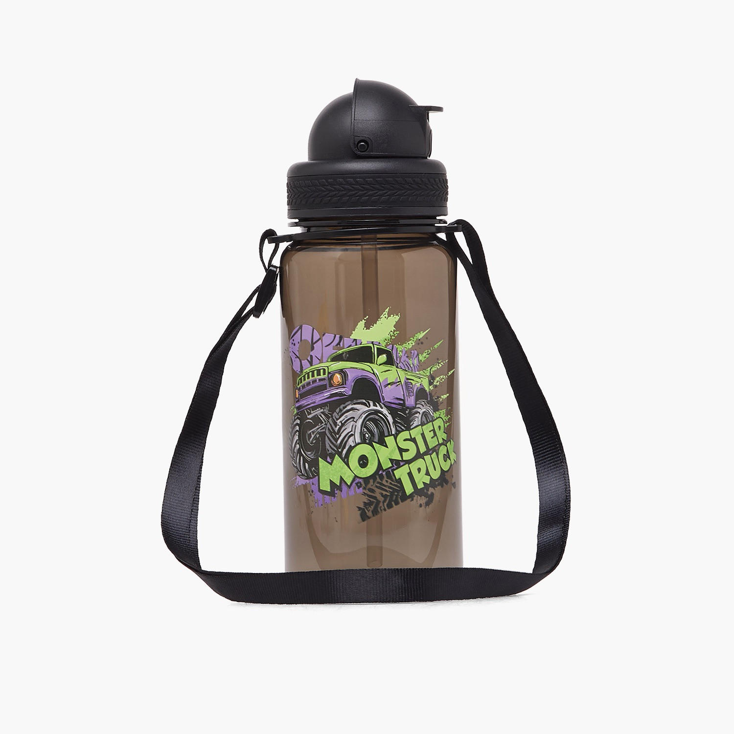 Monster Truck Print Water Bottle with Straw and Flip Lid - 350 ml-school-waterbottles-image-1