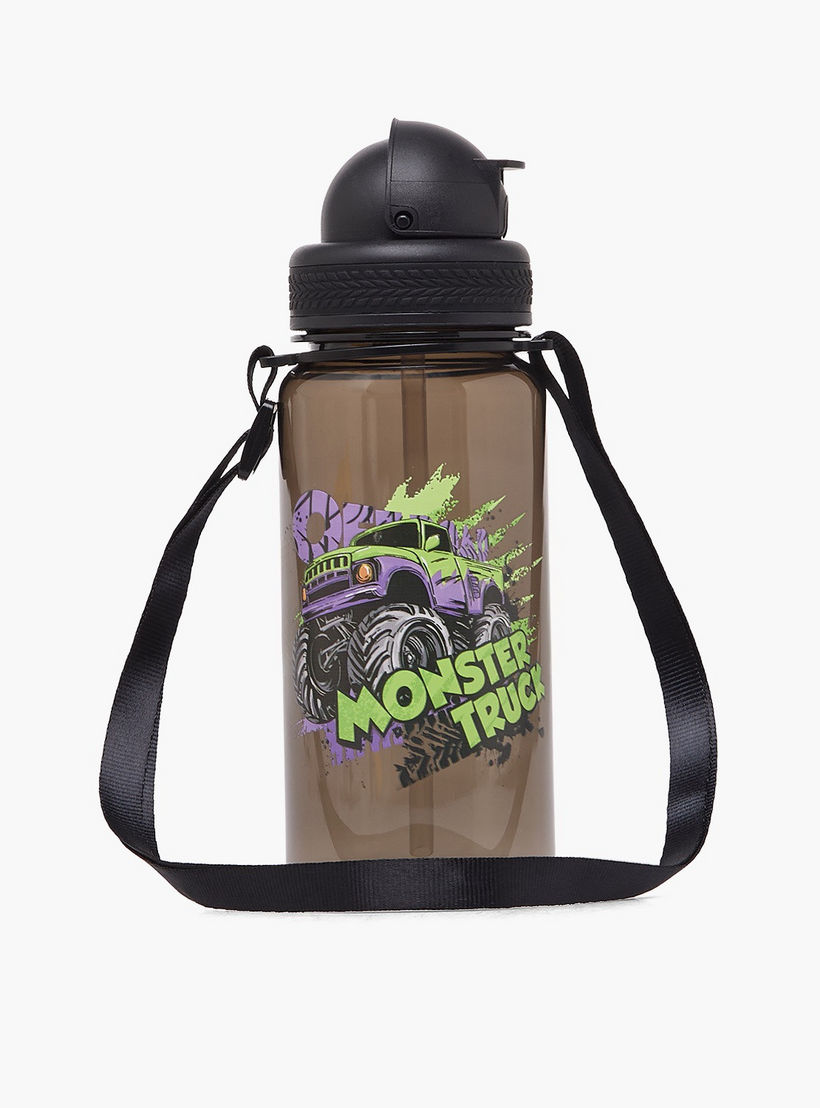 Monster Truck Print Water Bottle with Straw and Flip Lid - 350 ml-school-waterbottles-image-1