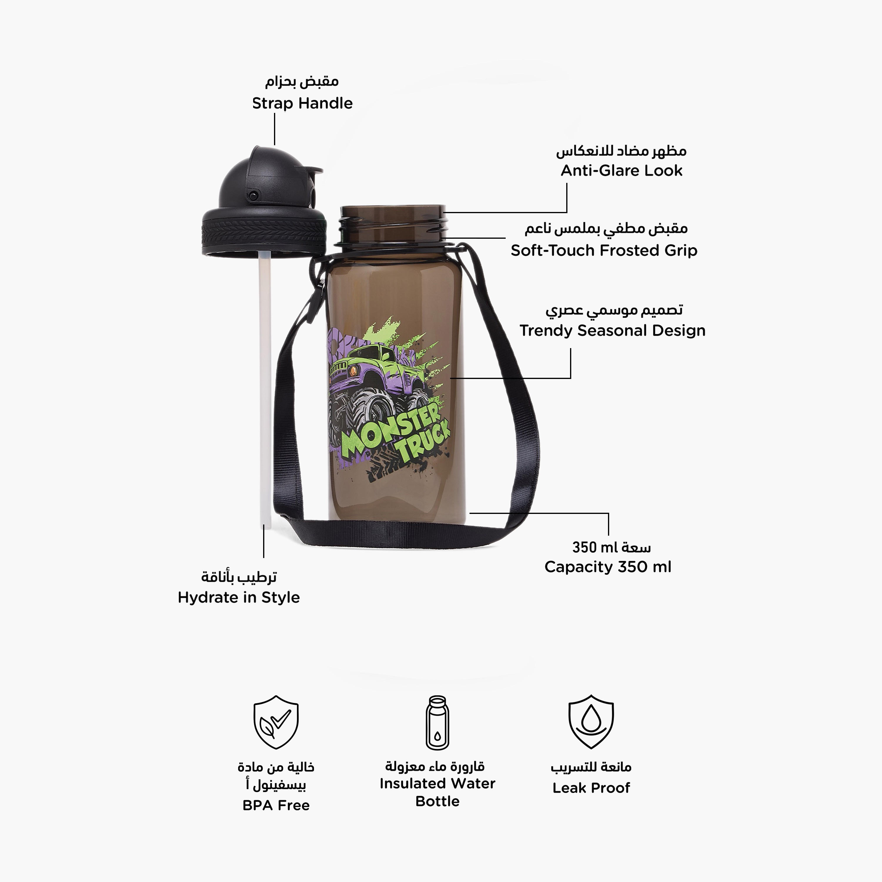 Monster Truck Print Water Bottle with Straw and Flip Lid - 350 ml-school-waterbottles-image-2
