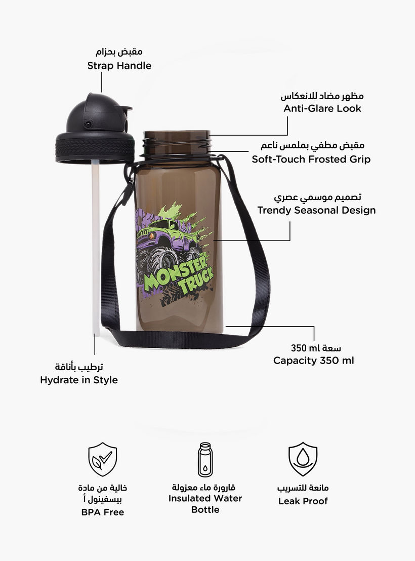 Monster Truck Print Water Bottle with Straw and Flip Lid - 350 ml-school-waterbottles-image-2