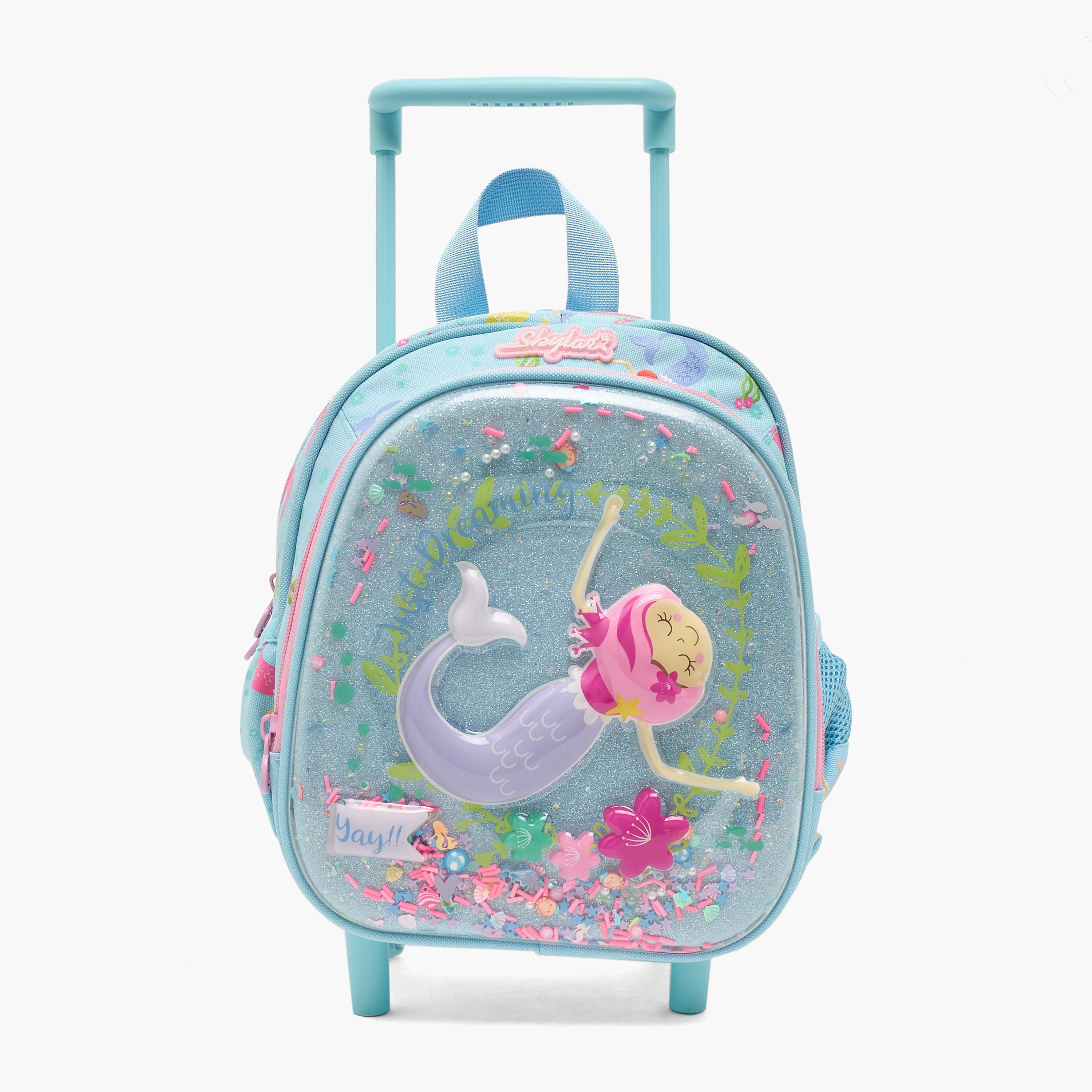 شنطة ترولي بتفاصيل حورية البحر للبنات 2-5 سنوات بمقبض قابل للسحب - 11 بوصة-school-bagsandbackpacks-trolleybags-image-1