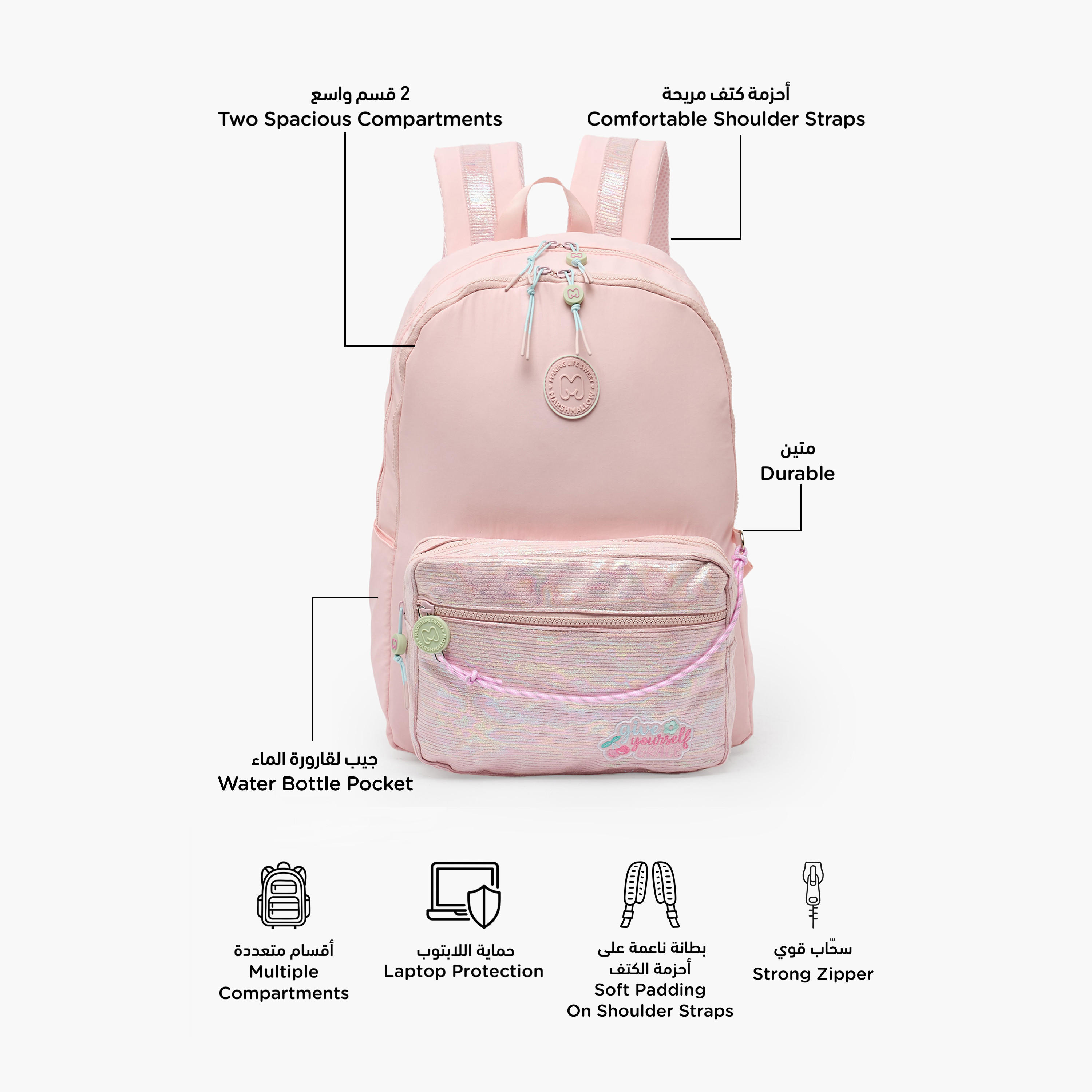 MARSHMALLOW Textured Backpack for Girls 8-13 Years with Padded Shoulder Straps - 17 inches-school-bagsandbackpacks-backpacks-image-2
