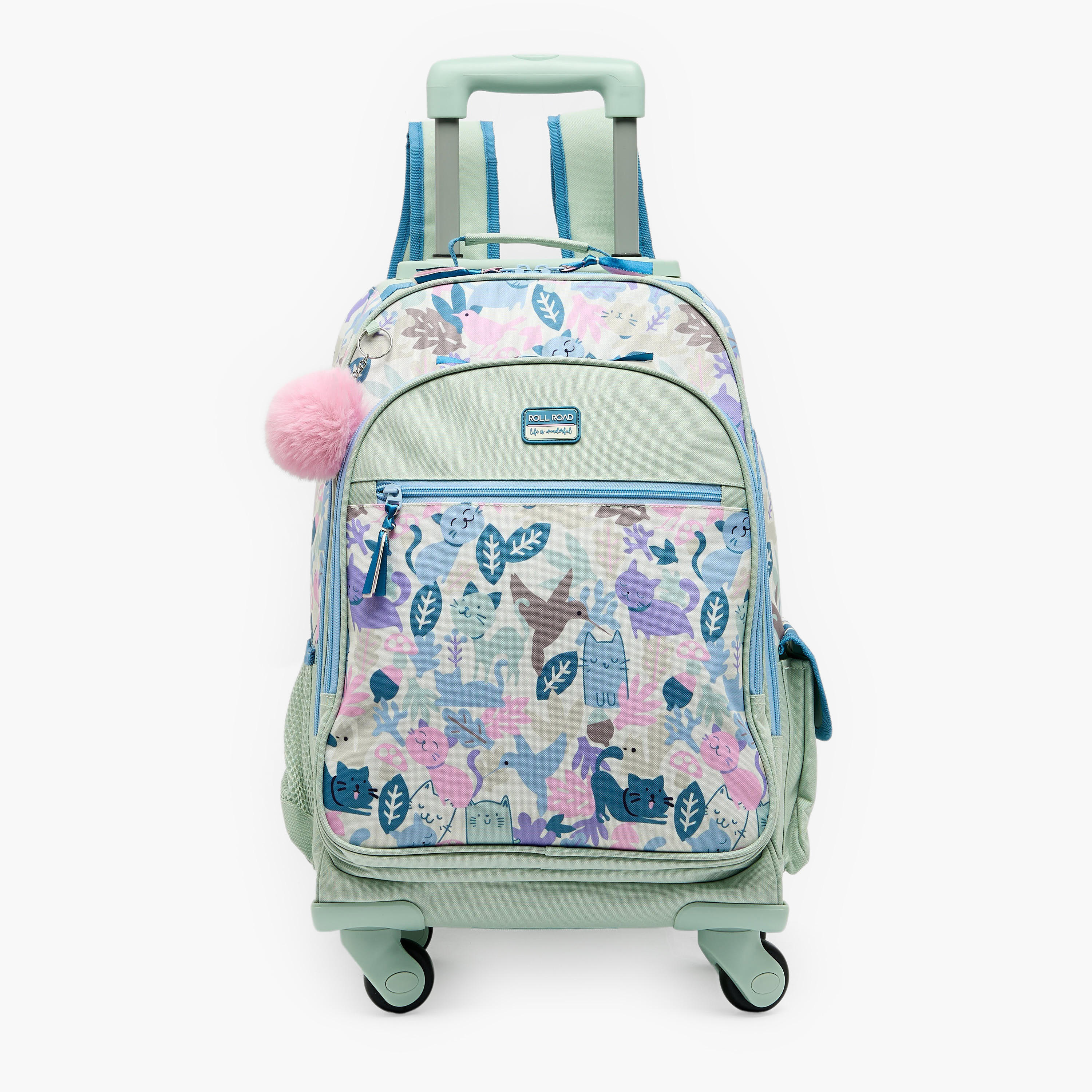 Roll Road Cat Print Trolley Backpack for Girls 8-13 Years with Retractable Handle - 17.3 inch-school-bagsandbackpacks-trolleybags-image-1