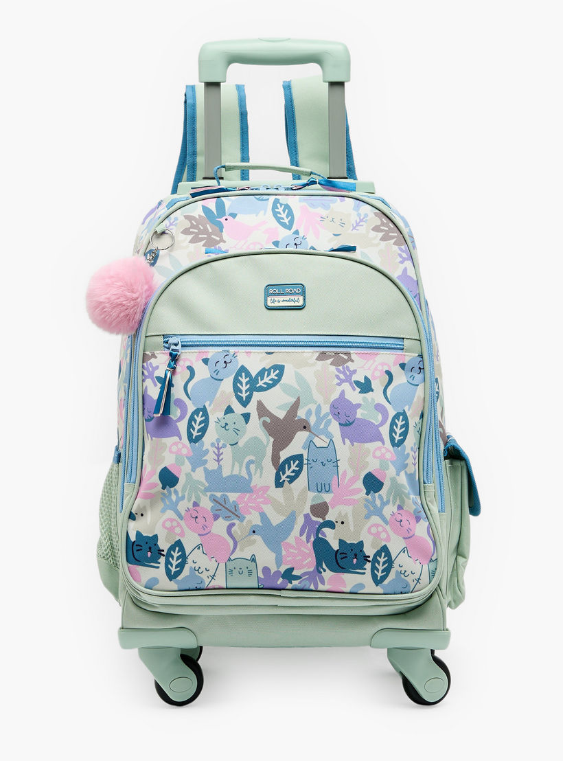 Roll Road Cat Print Trolley Backpack for Girls 8-13 Years with Retractable Handle - 17.3 inch-school-bagsandbackpacks-trolleybags-image-1