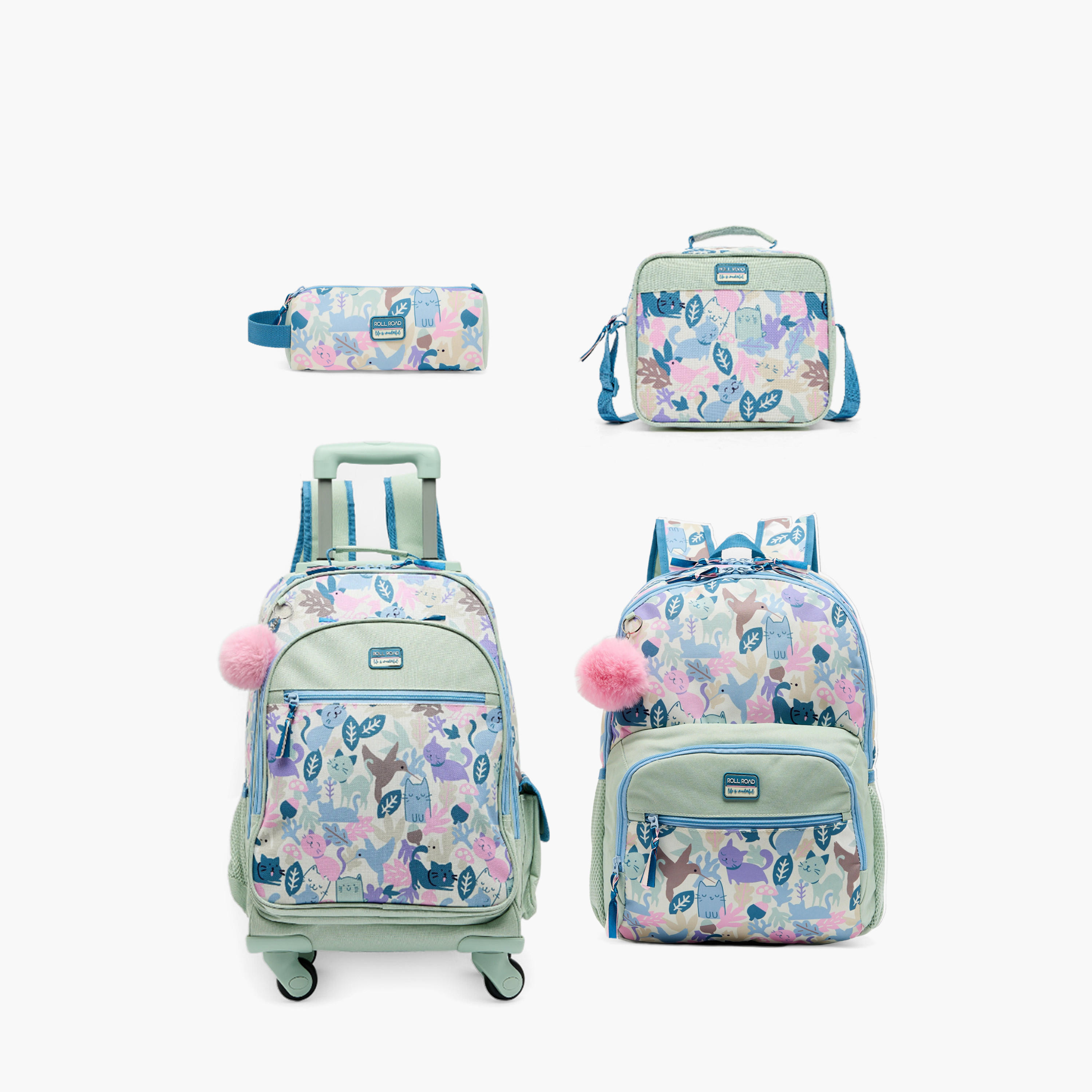 Roll Road Cat Print Trolley Backpack for Girls 8-13 Years with Retractable Handle - 17.3 inch-school-bagsandbackpacks-trolleybags-image-15
