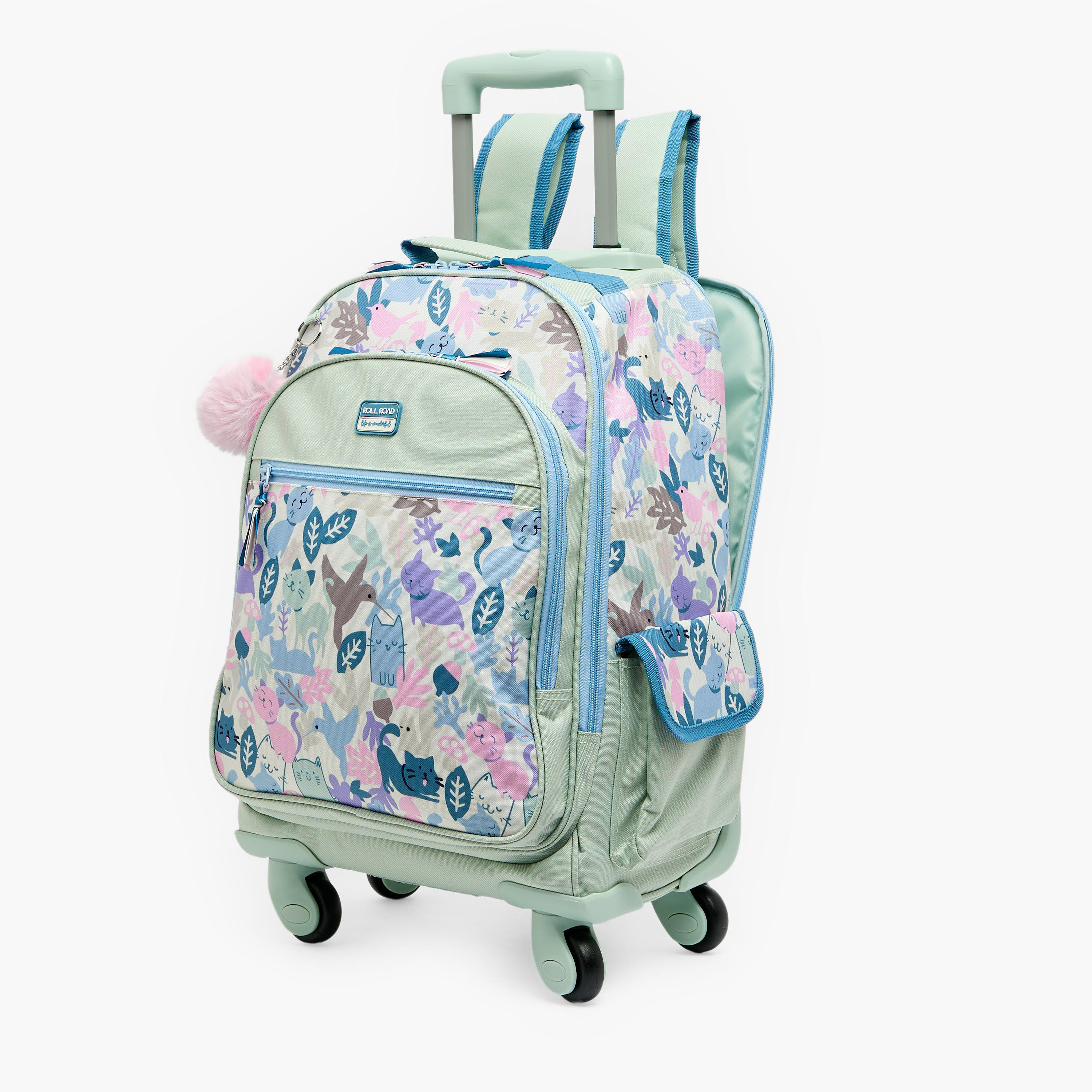 Roll Road Cat Print Trolley Backpack for Girls 8-13 Years with Retractable Handle - 17.3 inch-school-bagsandbackpacks-trolleybags-image-7