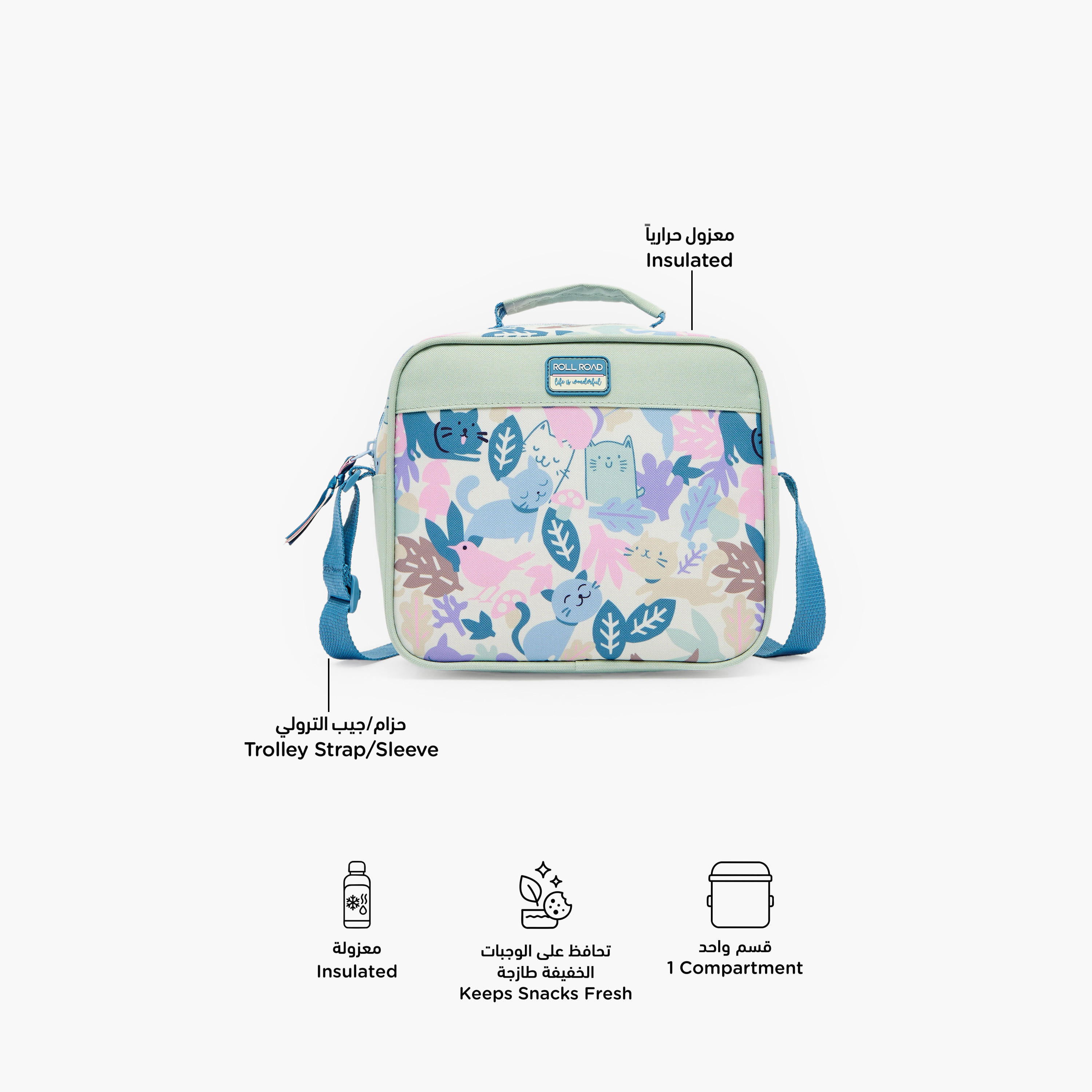 Roll Road Cat Print Lunch Bag for Girls 8-13 Years with Adjustable Strap-school-lunchessentials-lunchbags-image-2