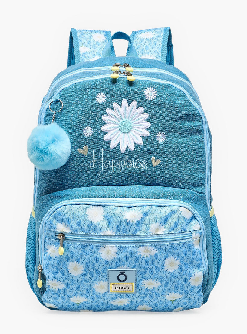 Enso Floral Print Backpack for Girls 8-13 Years with Pom Pom Accent - 18 inches-school-bagsandbackpacks-backpacks-image-1