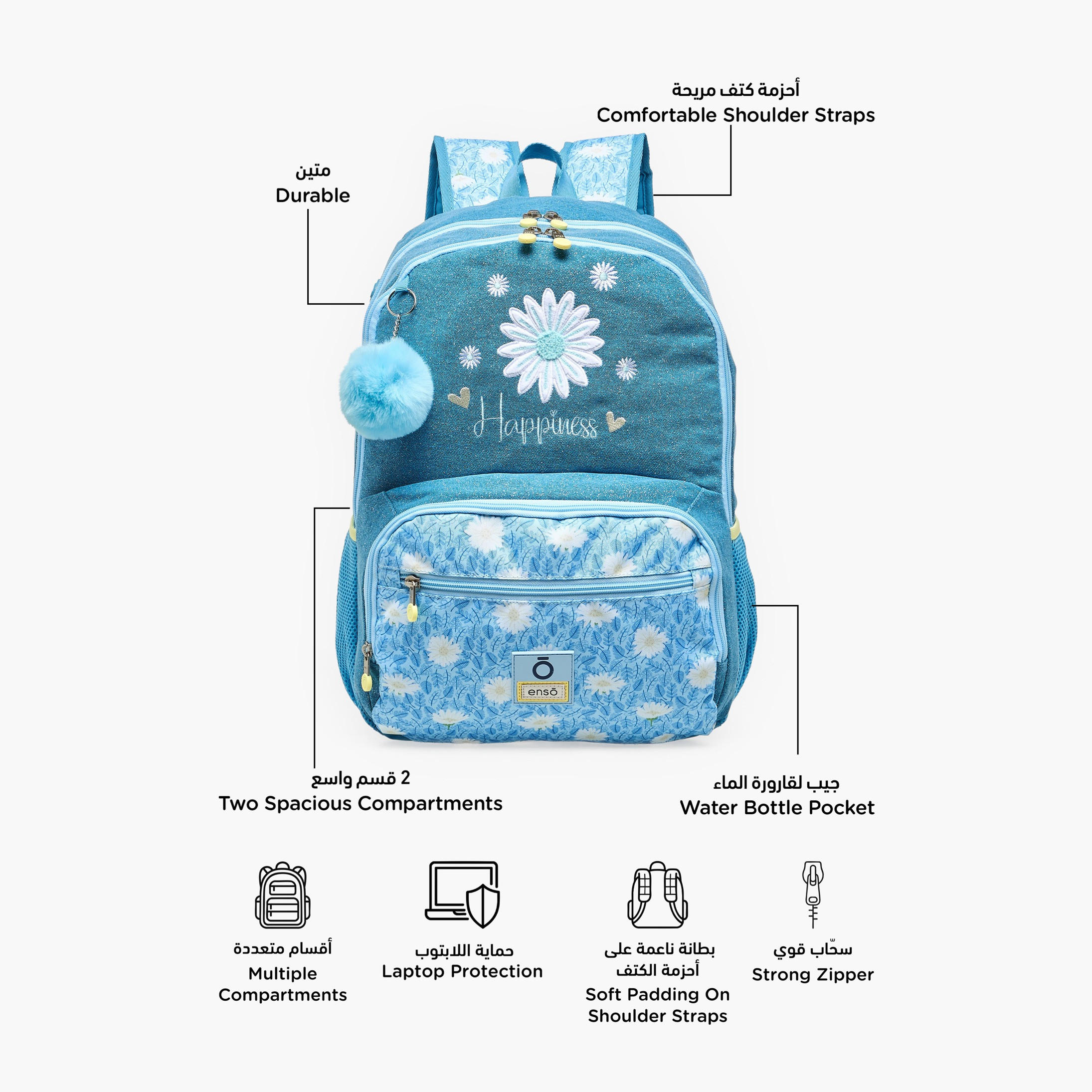 Enso Floral Print Backpack for Girls 8-13 Years with Pom Pom Accent - 18 inches-school-bagsandbackpacks-backpacks-image-2