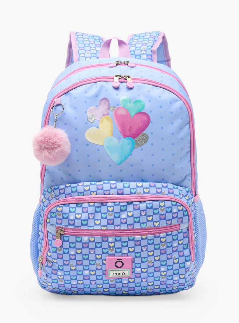 Enso Heart Print Backpack for Girls 8-13 Years with Pom-Pom Accent - 18 inches-school-bagsandbackpacks-backpacks-image-1