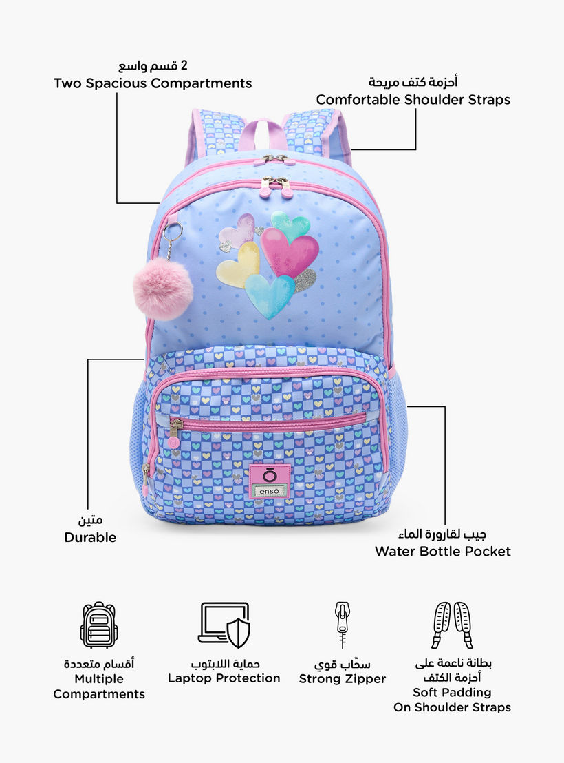 Enso Heart Print Backpack for Girls 8-13 Years with Pom-Pom Accent - 18 inches-school-bagsandbackpacks-backpacks-image-2