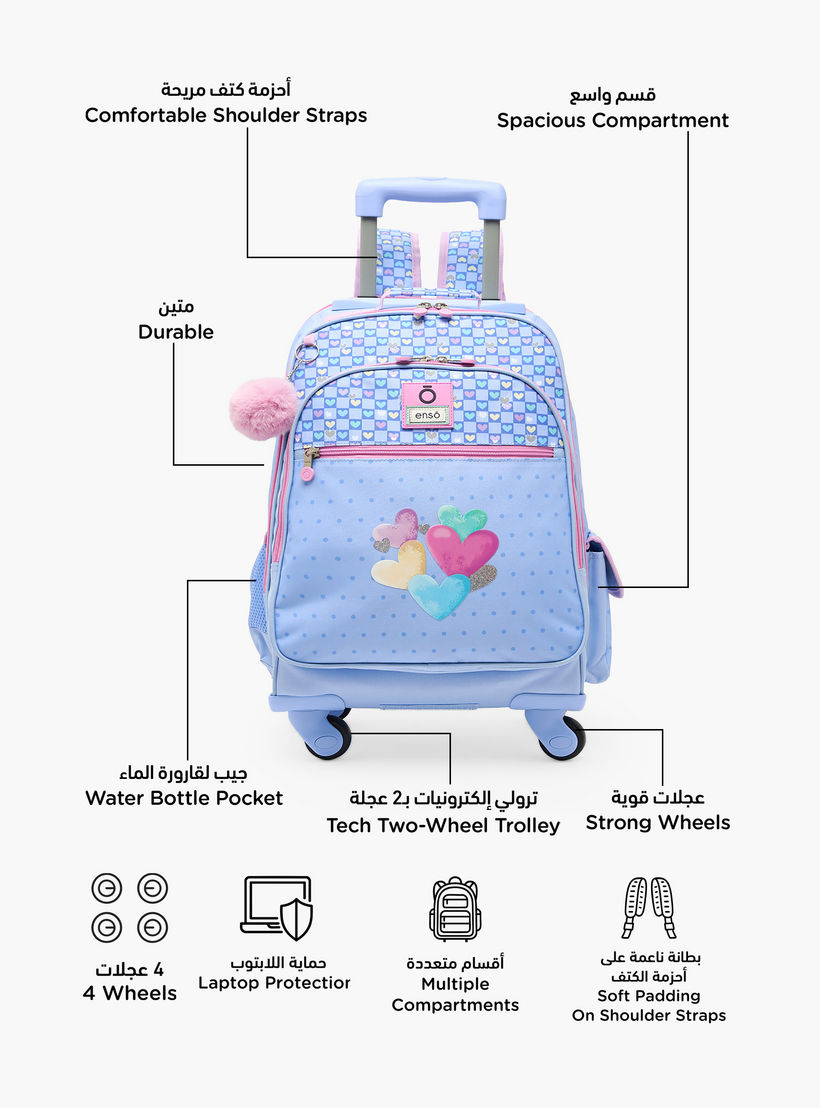 Enso Heart Print Trolley Backpack for Girls 8-13 Years with Pom-Pom Accent - 17 inches-school-bagsandbackpacks-trolleybags-image-2