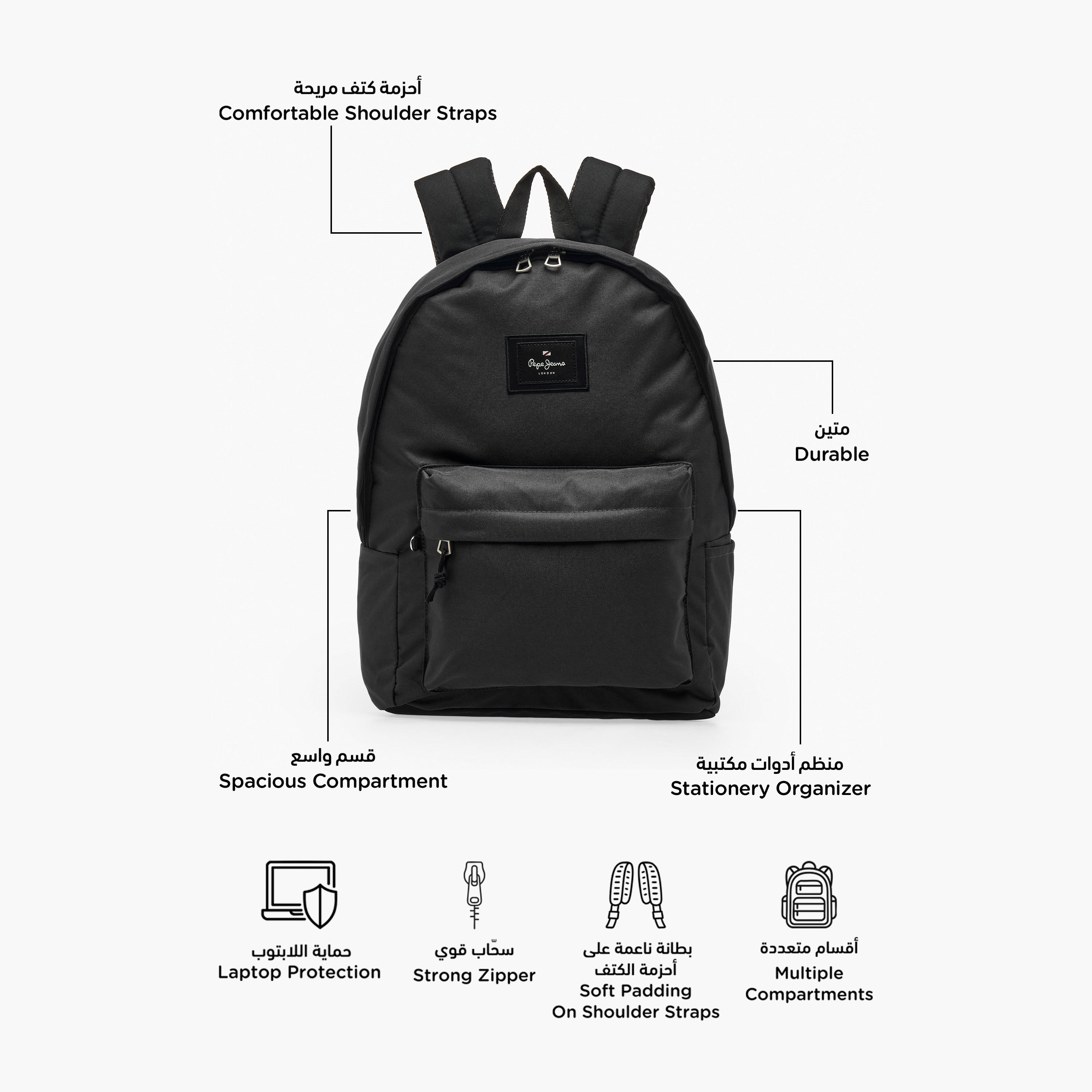 Pepe Jeans Aris Logo Applique Backpack for Boys 8-13 Years with Padded Shoulder Straps - 18 inches-school-bagsandbackpacks-backpacks-image-3