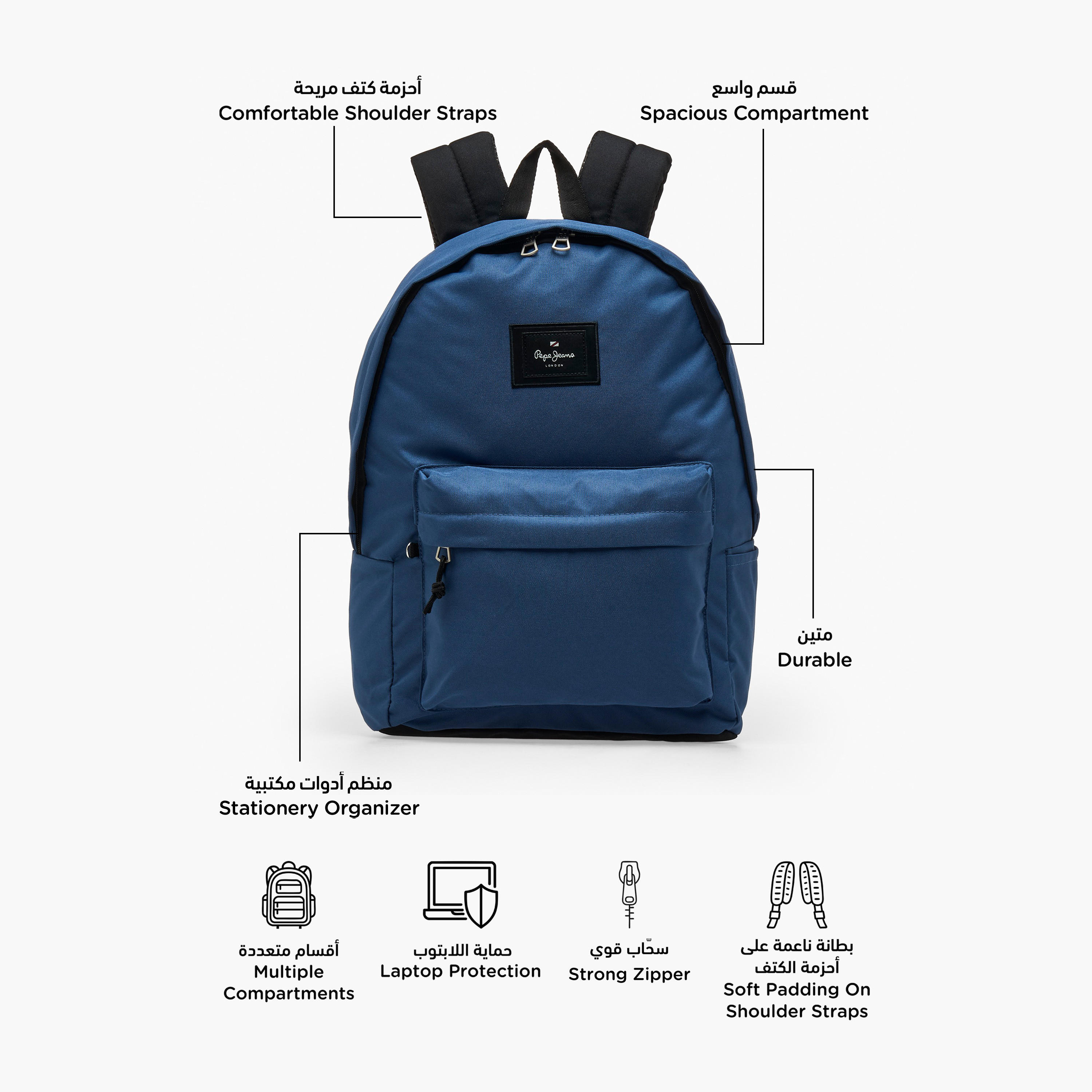 Pepe Jeans Aris Logo Applique Backpack for Boys 8-13 Years with Padded Shoulder Straps - 18 inches-school-bagsandbackpacks-backpacks-image-3