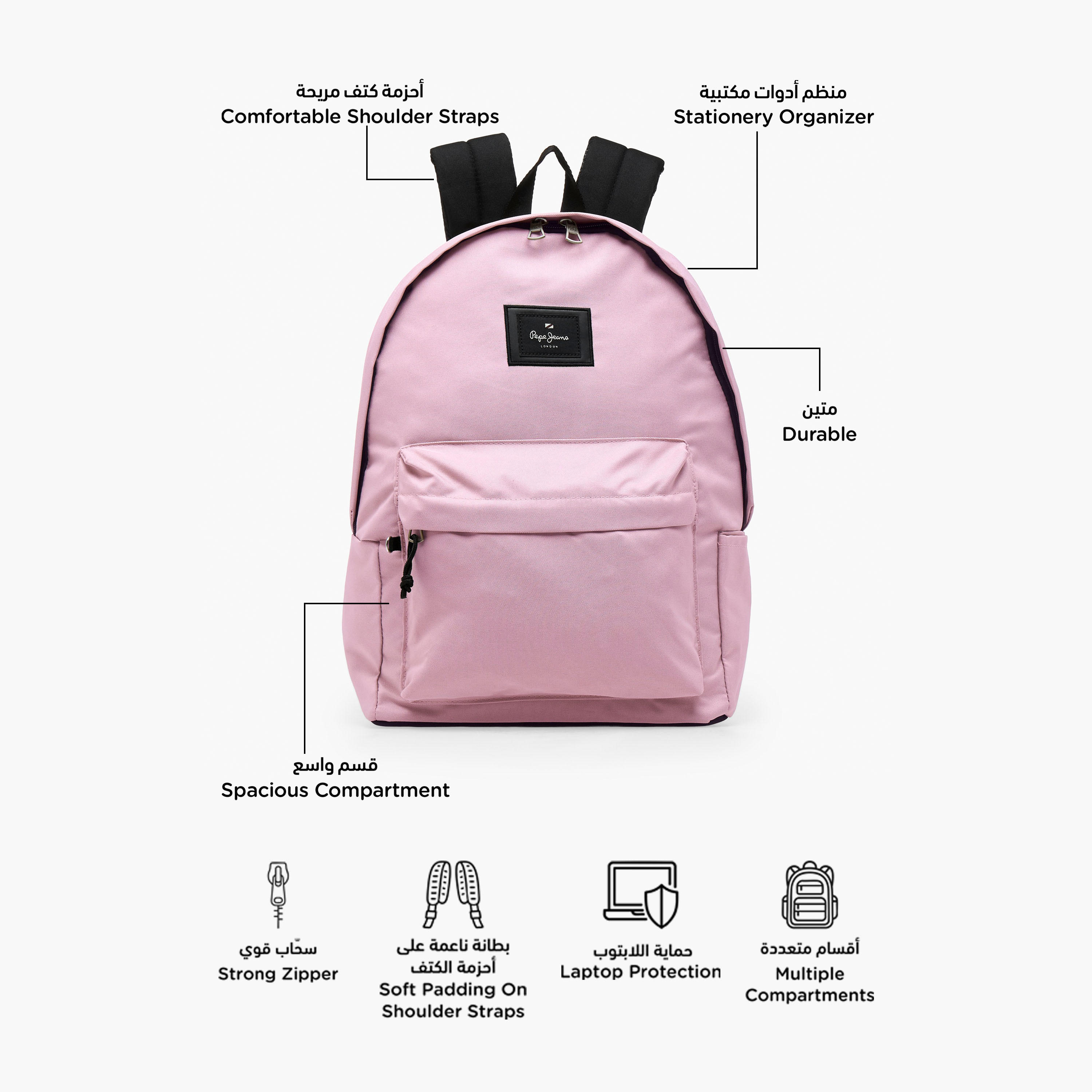 Pepe Jeans Aris Logo Applique Backpack for Girls 8-13 Years with Pencil Pouch - 18 inches-school-bagsandbackpacks-backpacks-image-3