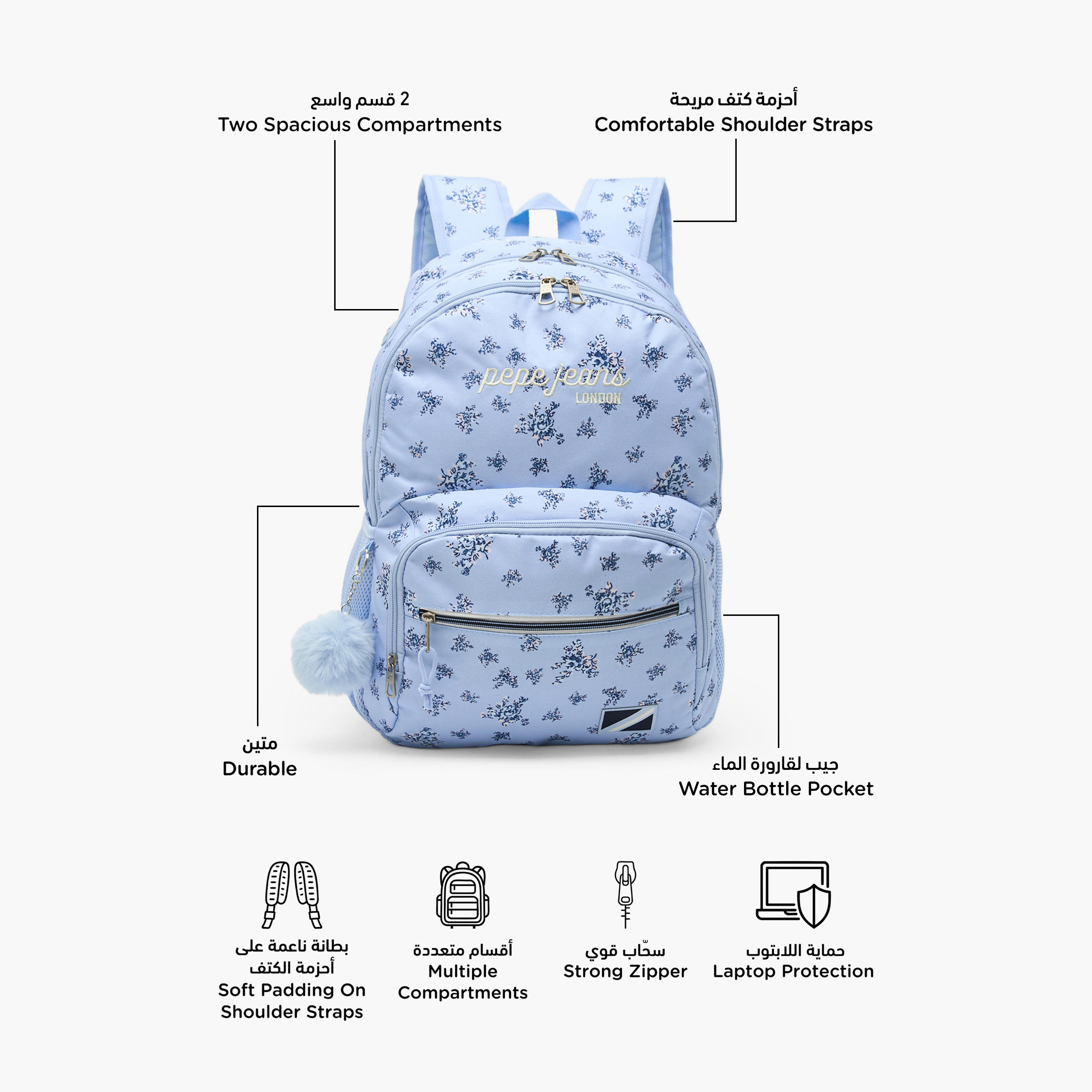 Pepe Jeans Olivia Floral Print Backpack for Girls 8-13 Years with Pom-Pom Accent - 18 inches-school-bagsandbackpacks-backpacks-image-2
