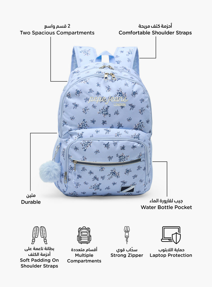 Pepe Jeans Olivia Floral Print Backpack for Girls 8-13 Years with Pom-Pom Accent - 18 inches-school-bagsandbackpacks-backpacks-image-2