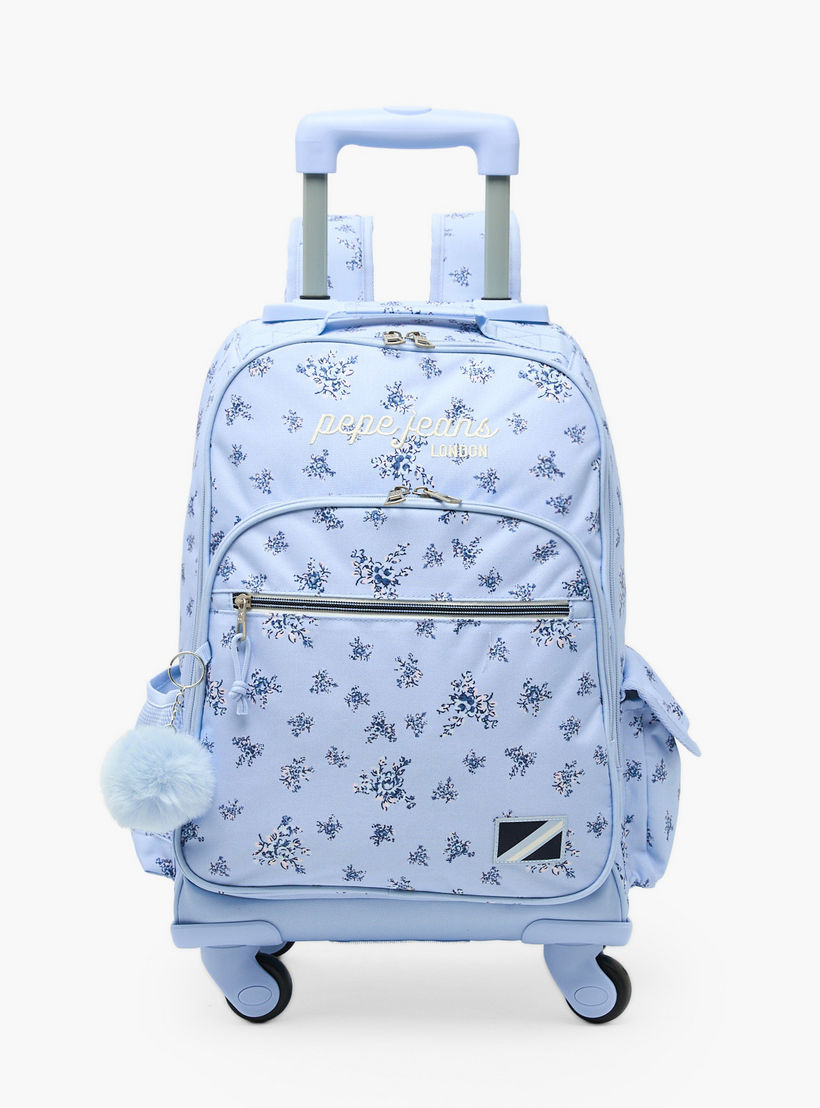 شنطة ظهر ترولي بزينة بوم بوم وطبعات زهرية للبنات بعمر 8-13 سنة من بيبي جينز - 17 بوصة-school-bagsandbackpacks-trolleybags-image-1