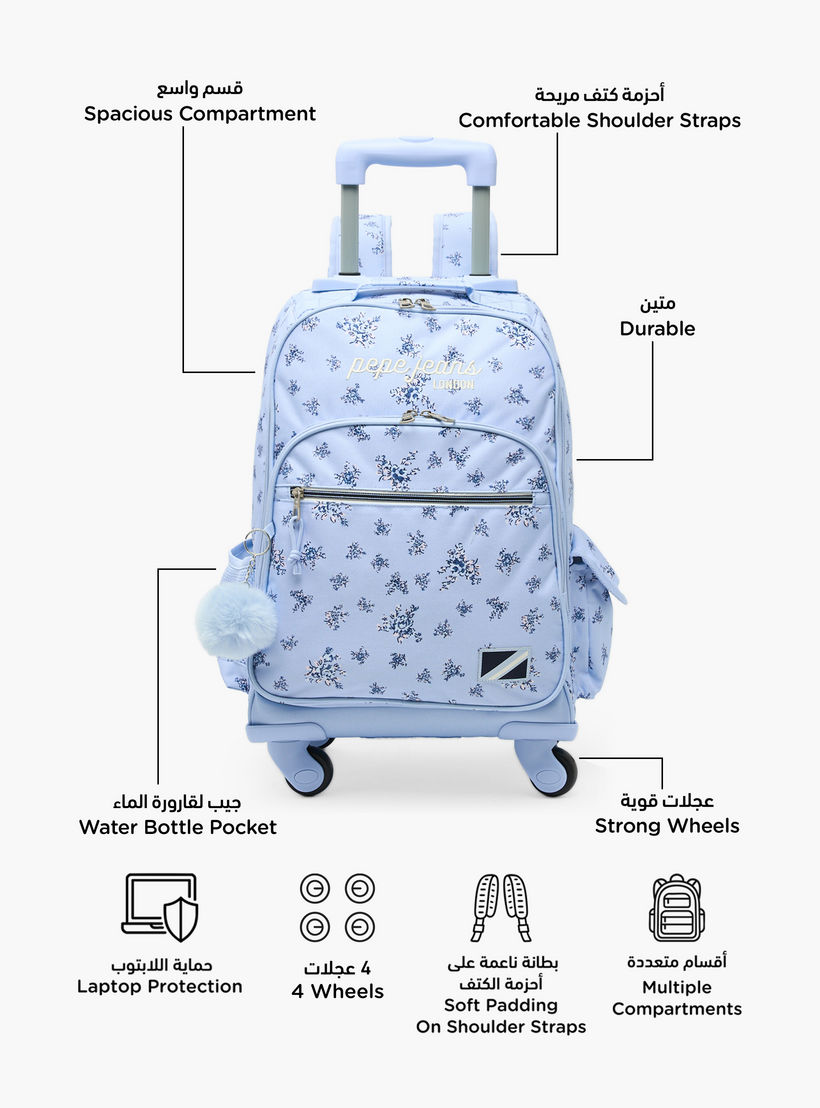 Pepe Jeans Olivia Floral Print Trolley Backpack for Girls 8-13 Years with Pom-Pom Accent - 17 inches-school-bagsandbackpacks-trolleybags-image-2
