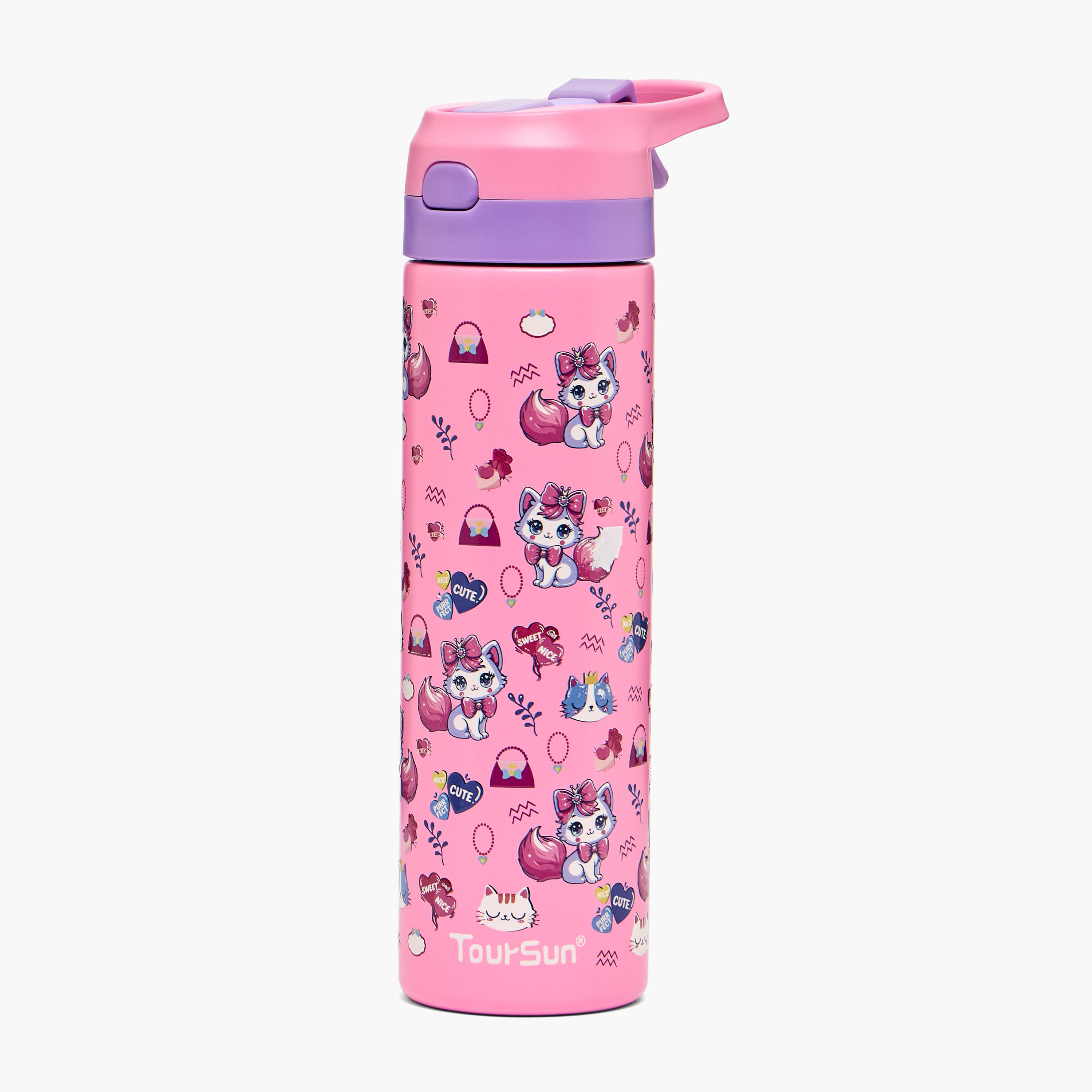 Toursun Cat Print Stainless Steel Water Bottle with Flip Spout and Handle - 540 ml-school-waterbottles-image-1