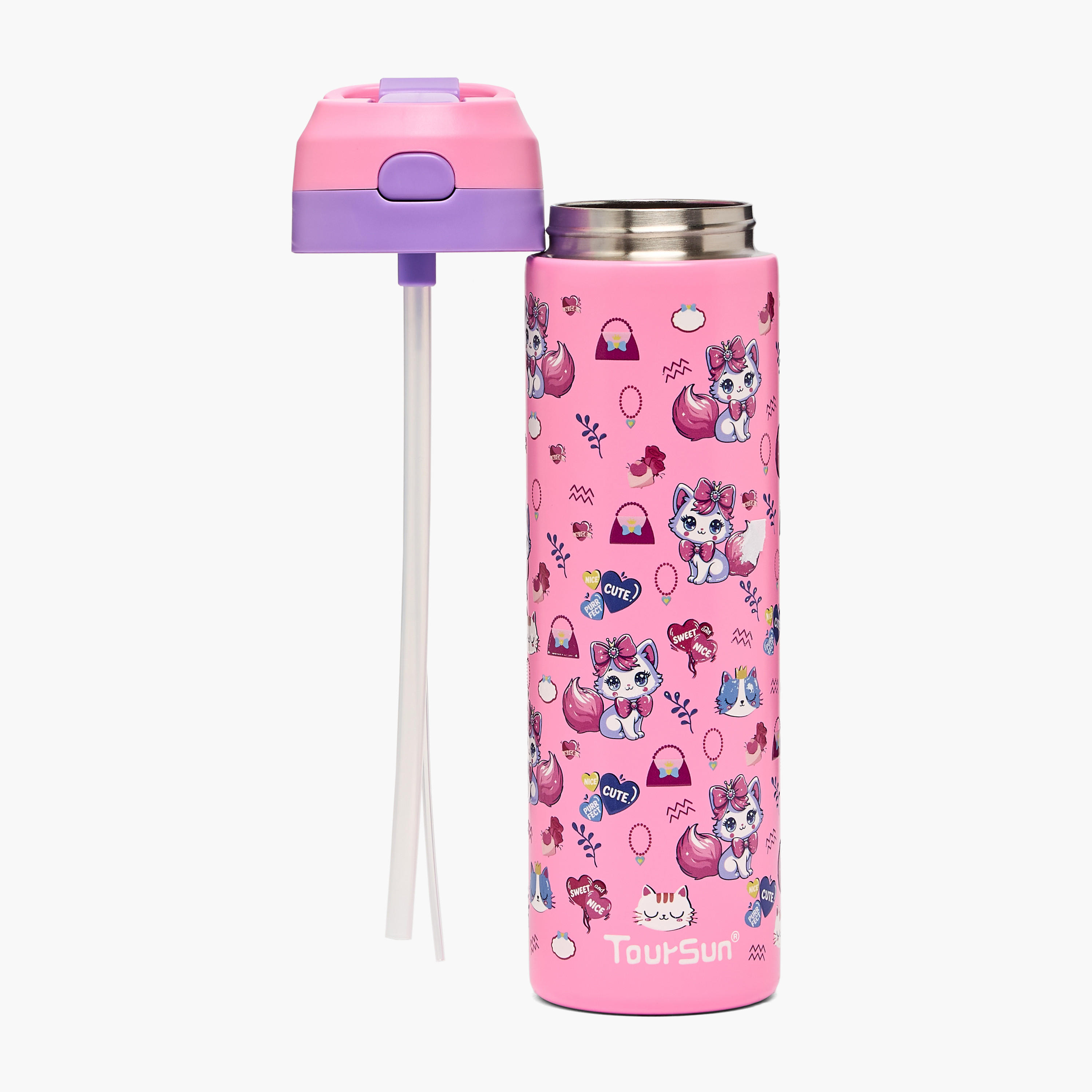Toursun Cat Print Stainless Steel Water Bottle with Flip Spout and Handle - 540 ml-school-waterbottles-image-2